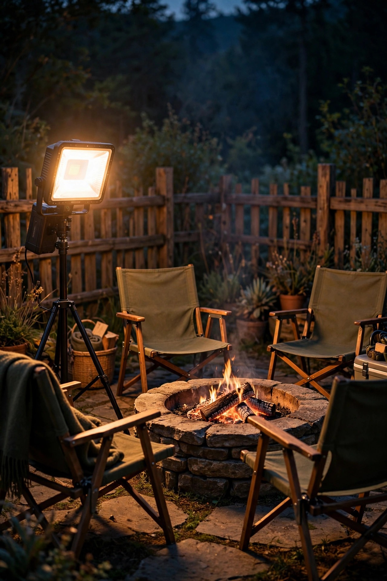 Rechargeable battery floodlight on a tripod washing a fire pit seating corner with warm indirect light at night