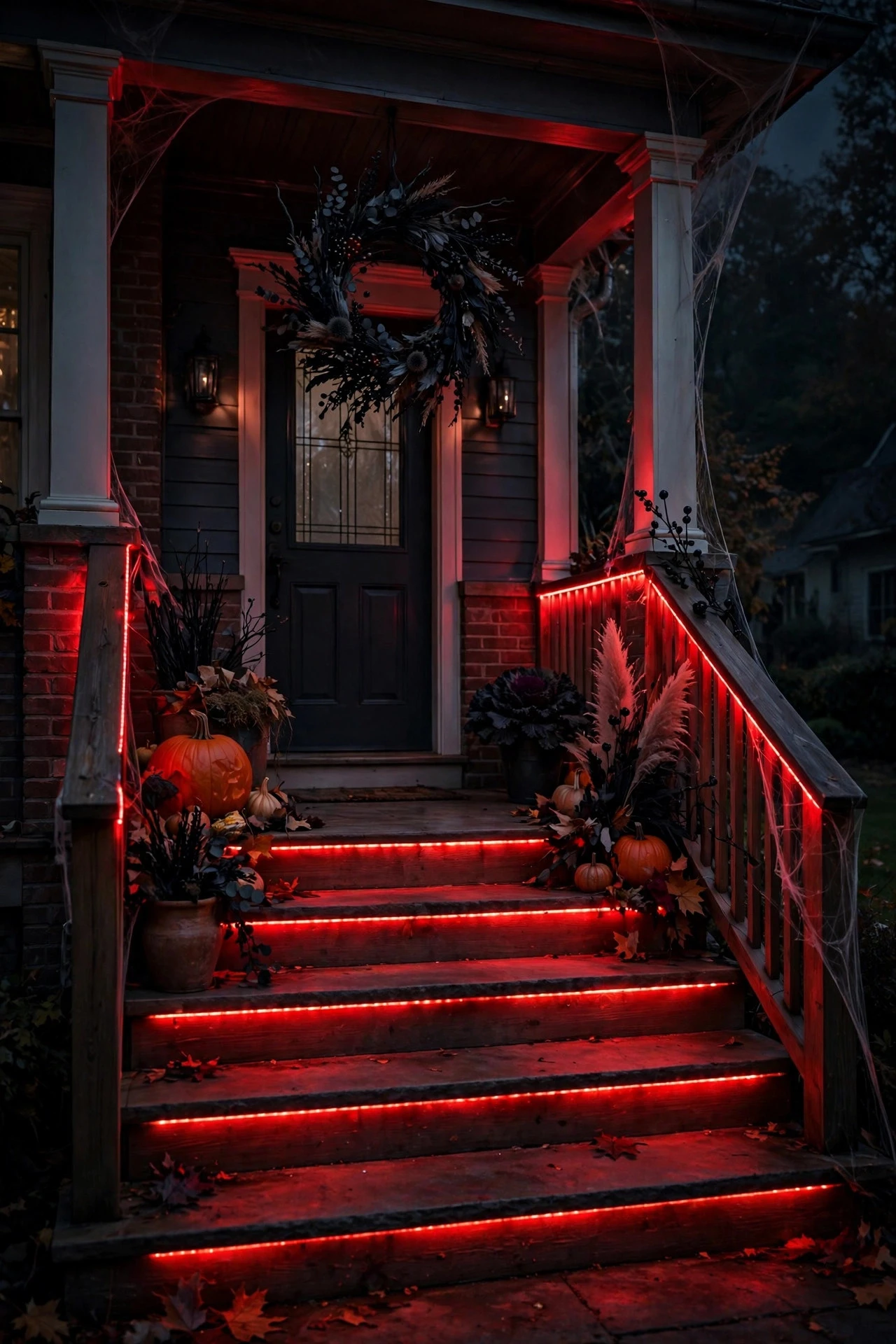 Front porch steps and railing glowing with deep red LED strip lighting for Halloween