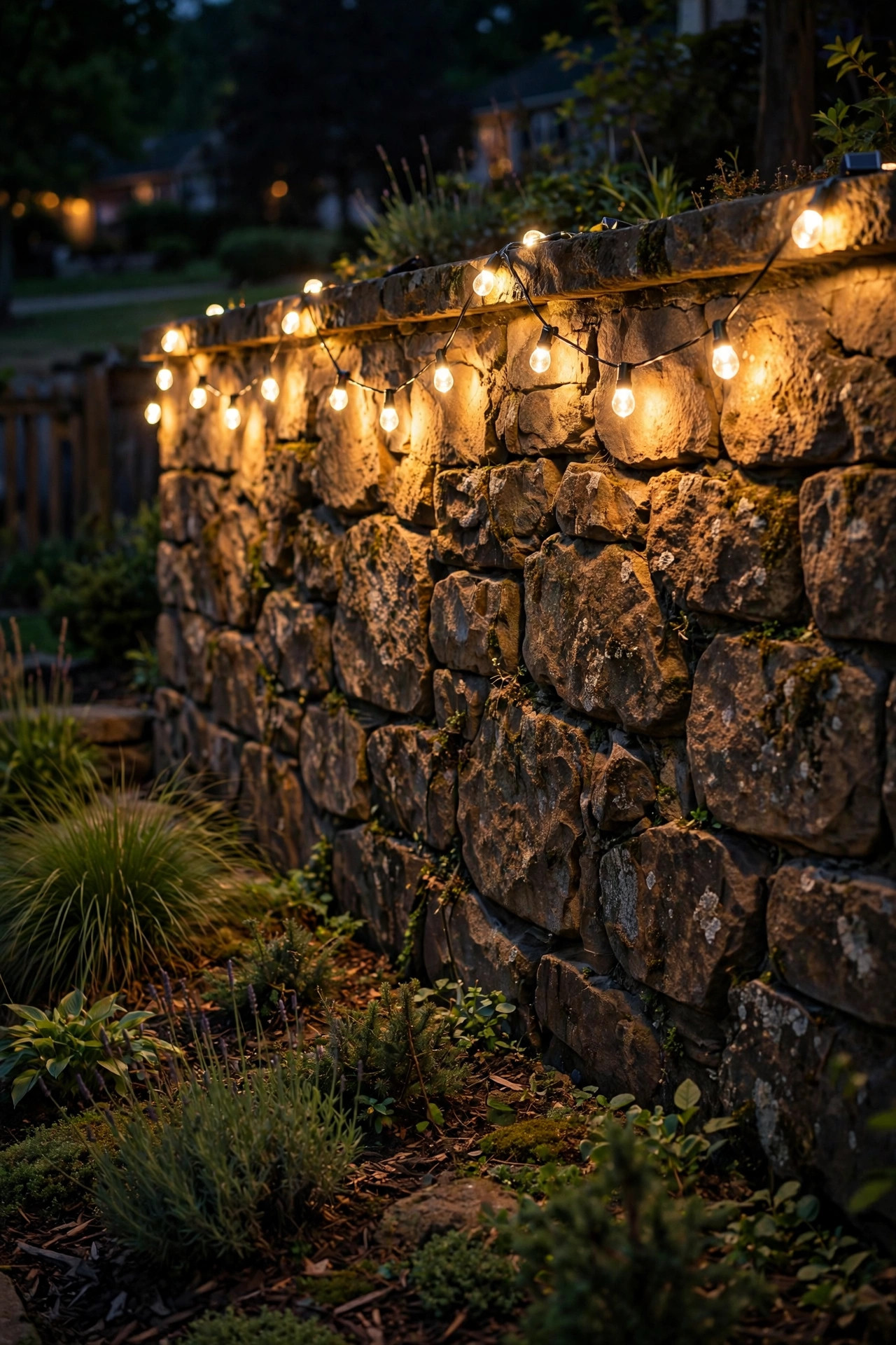 Solar string lights outdoor draped along a stone retaining wall washing warm light down the stone face at night