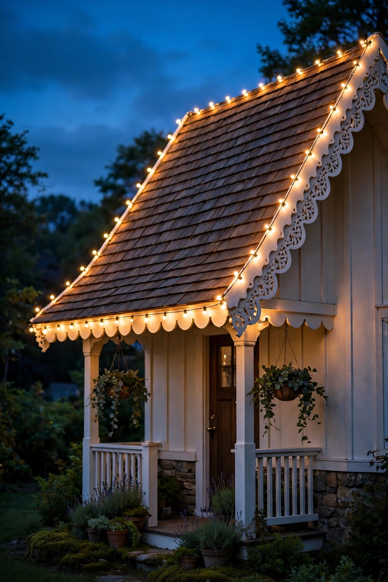 Single strand of warm lights tracing the roof edge of a cottage porch like icing on a gingerbread house