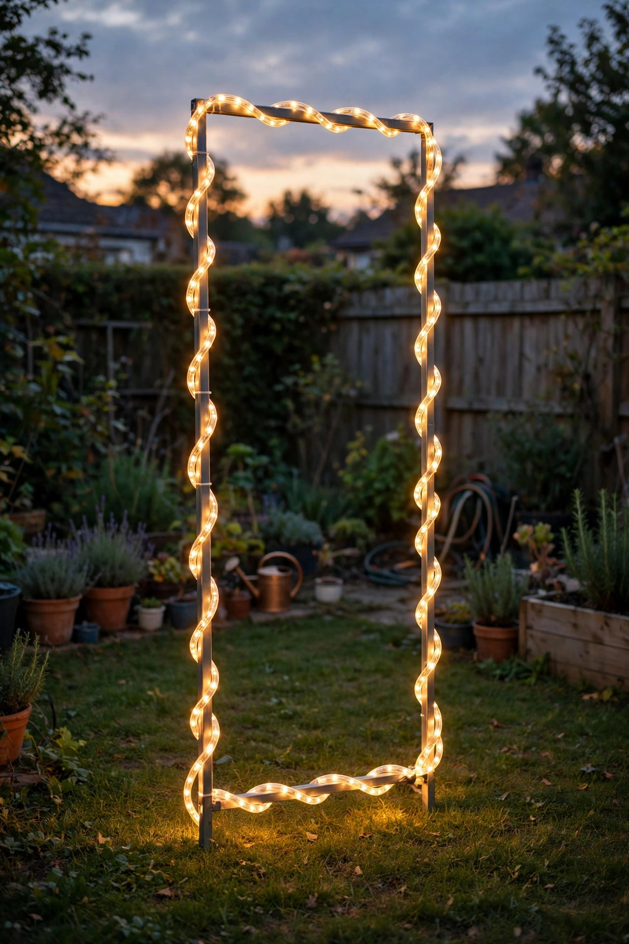 LED rope light outlining a rectangular frame as a photo booth style outdoor backdrop at dusk