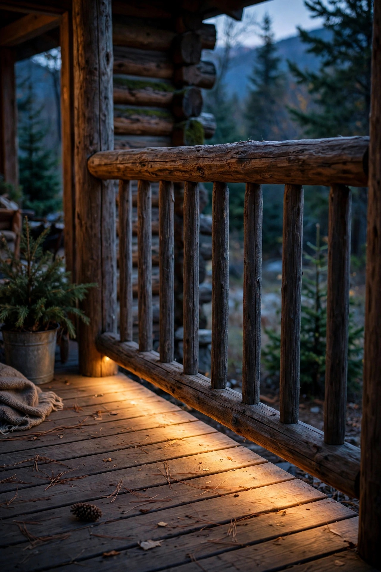 Warm LED rope light hidden under a wooden cabin porch handrail casting a ribbon of glow on the deck at dusk