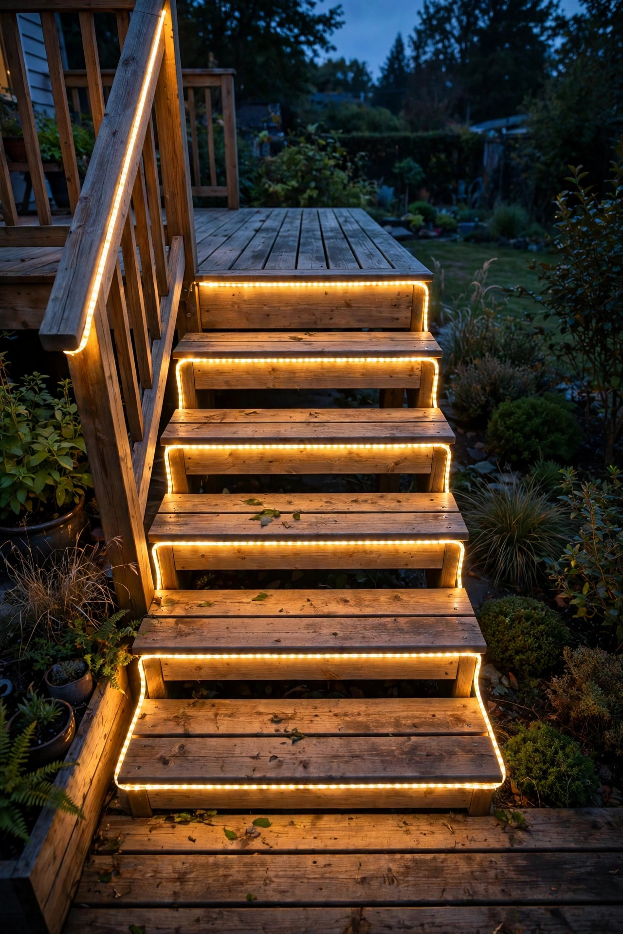 Warm LED rope light outlining wooden deck steps in a backyard at dusk