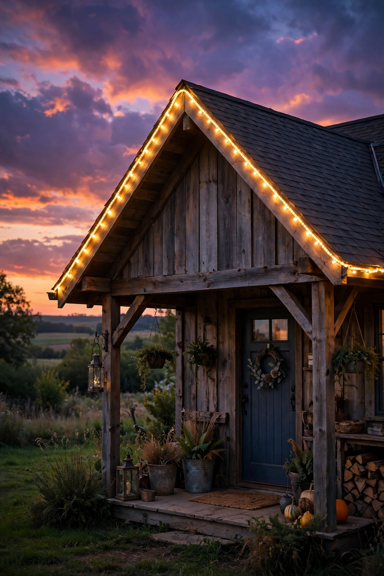 Warm rope lighting tucked under a farmhouse porch roof edge glowing softly at dusk