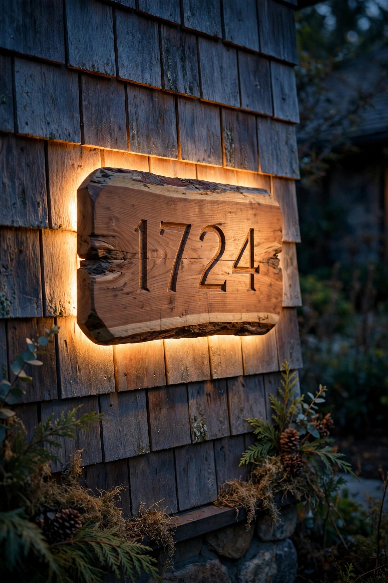 Rustic cedar wood address plaque with routed numbers and a warm LED halo glow at night
