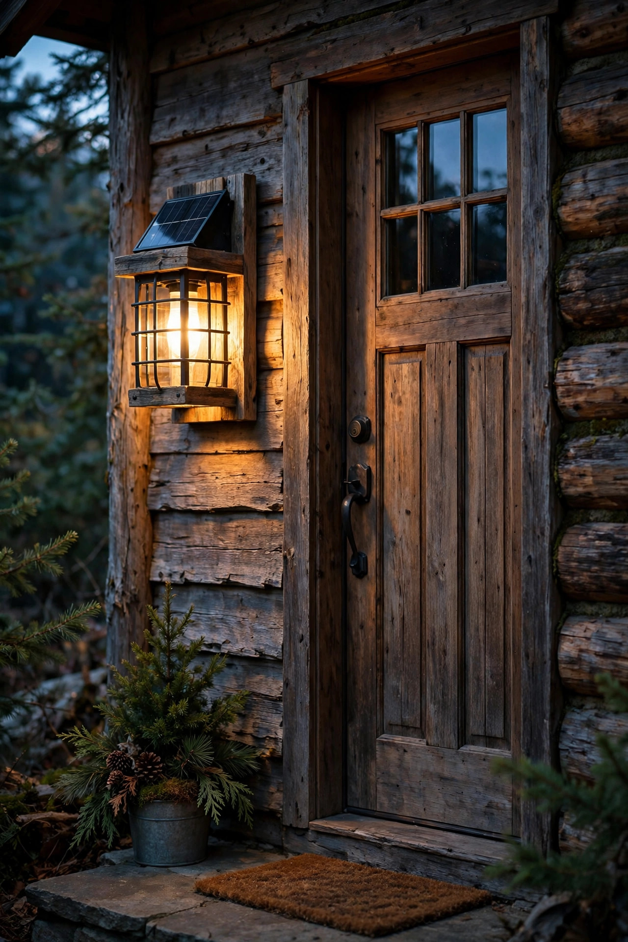 Rustic wood and metal solar wall sconce with warm glow beside a cabin-style front door