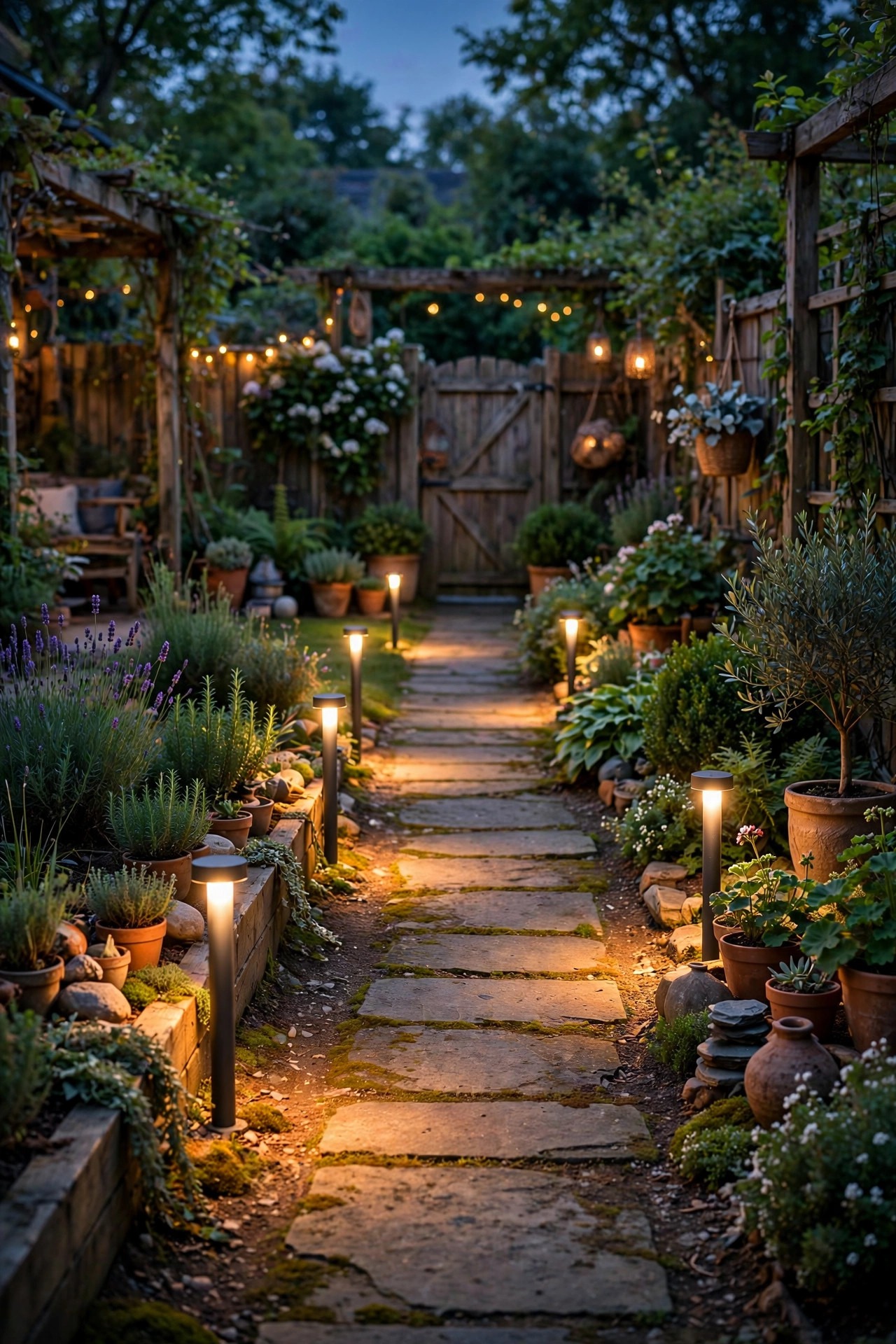 Steady warm path lights guiding a safe route through a decorated backyard