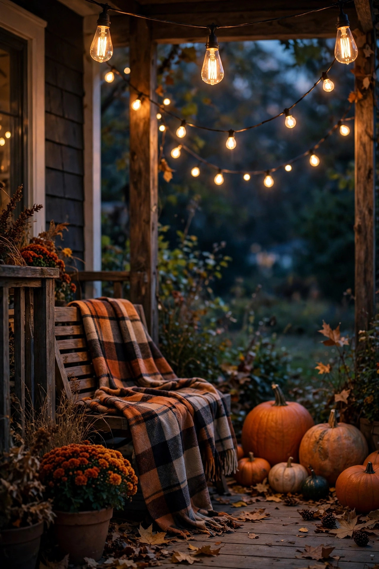 Fall front porch with amber vintage filament bulbs glowing beside pumpkins and a plaid throw at dusk