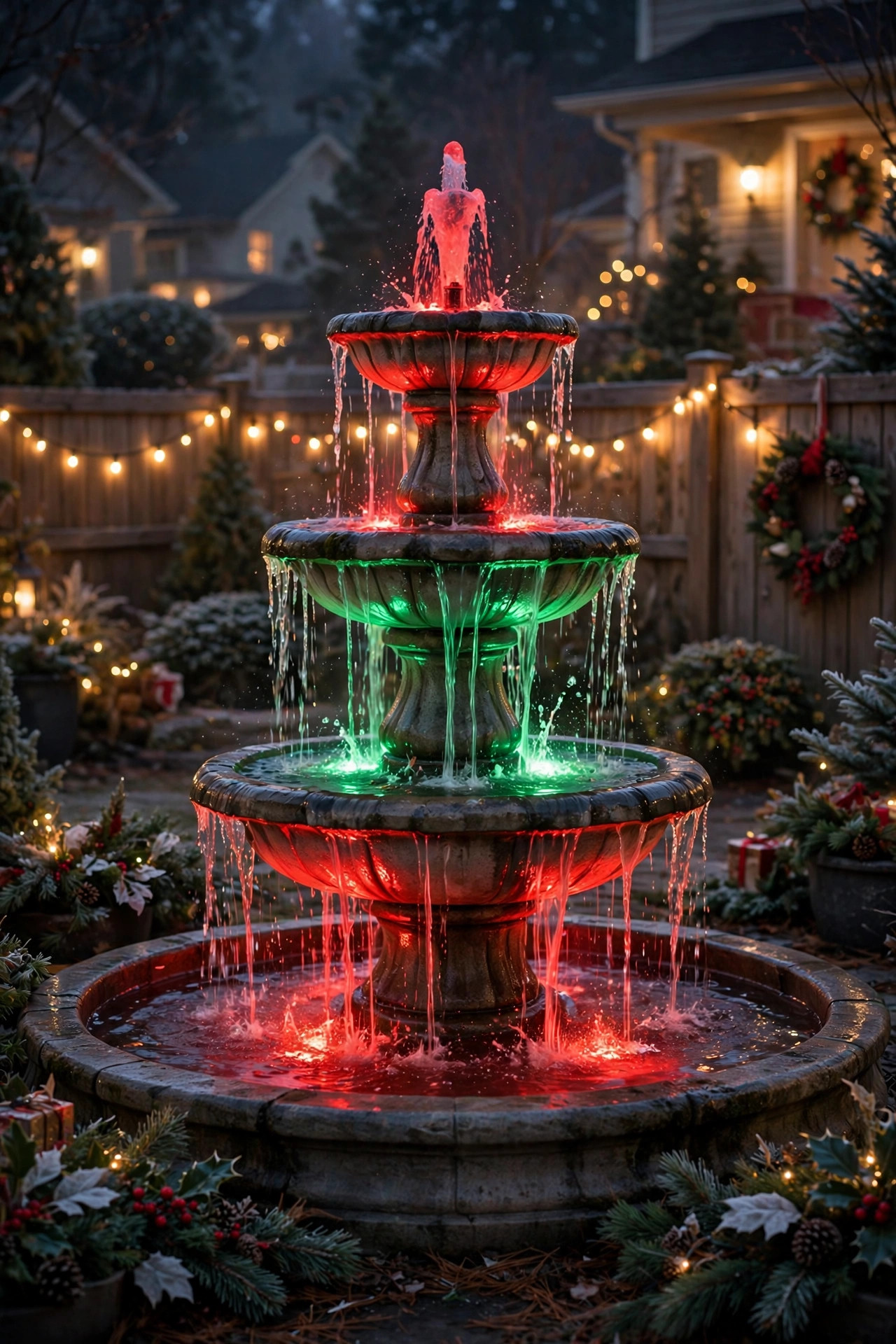 fountain lit in red and green colors for holiday decorating
