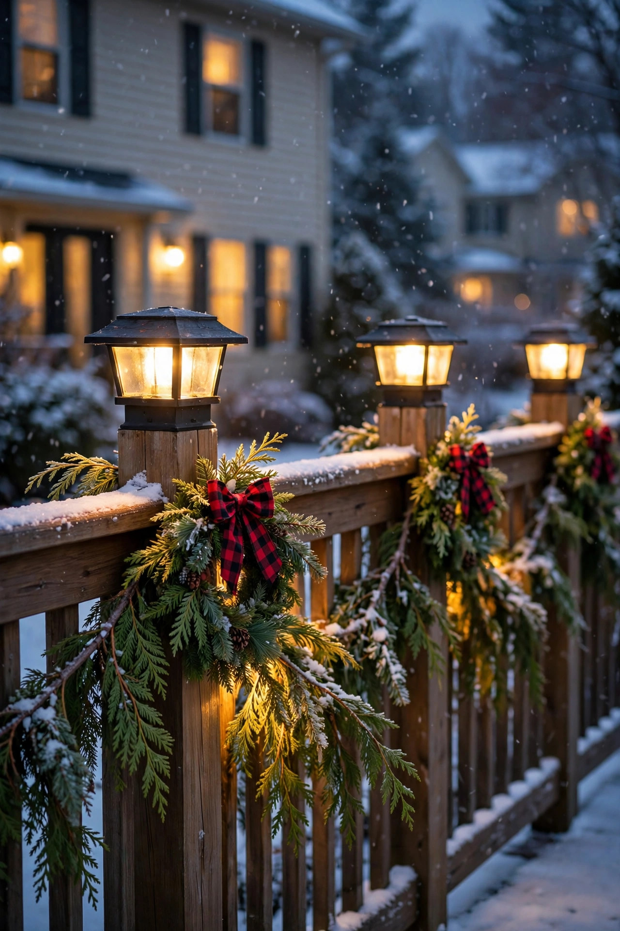 Deck post cap lights decorated with small greenery wreaths and bows glowing warmly in winter evening