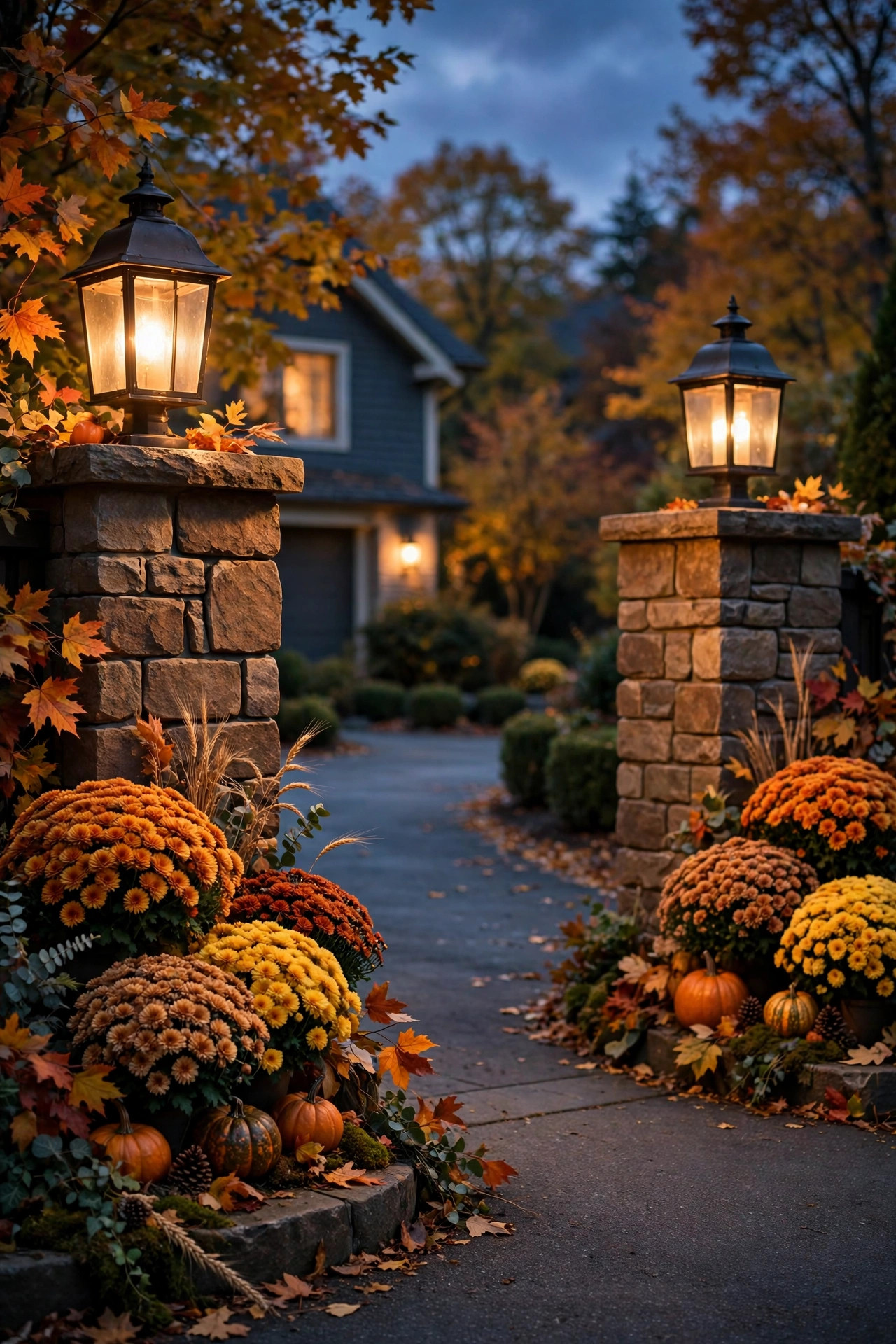 Driveway entrance pillars styled with fall mums and a warm lantern glow at dusk