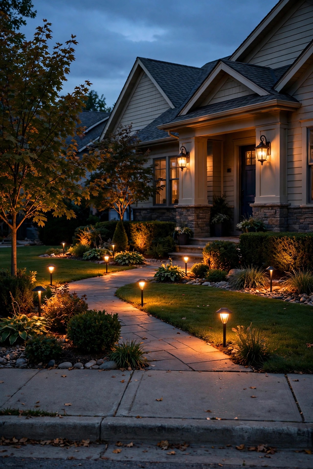 Evening view of a tidy suburban front yard with warm shielded lights all aimed inward, homeowner notebook check of outdoor lighting at the sidewalk