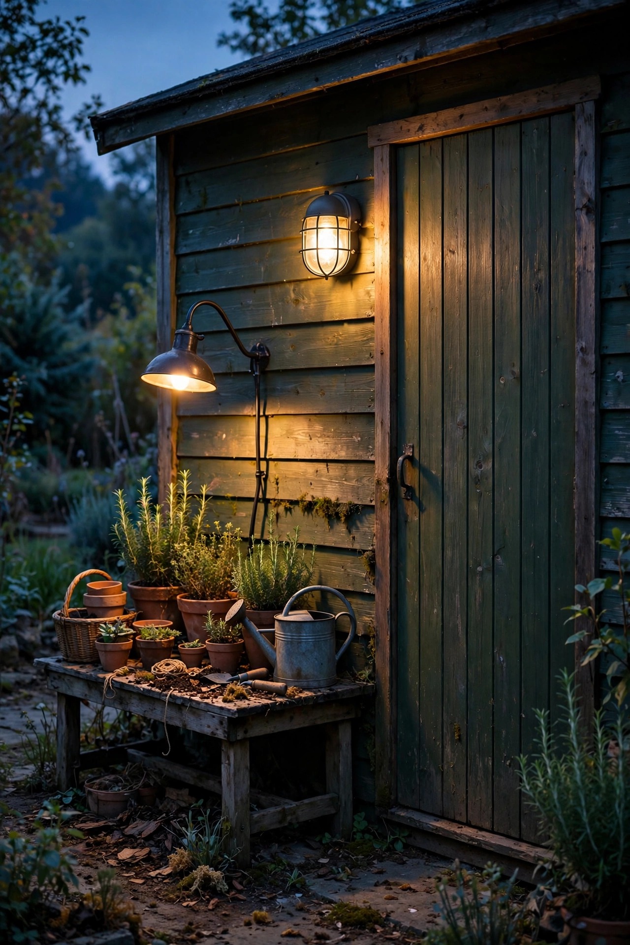 Garden shed at dusk with a caged bulkhead light by the door and a gooseneck over a potting bench