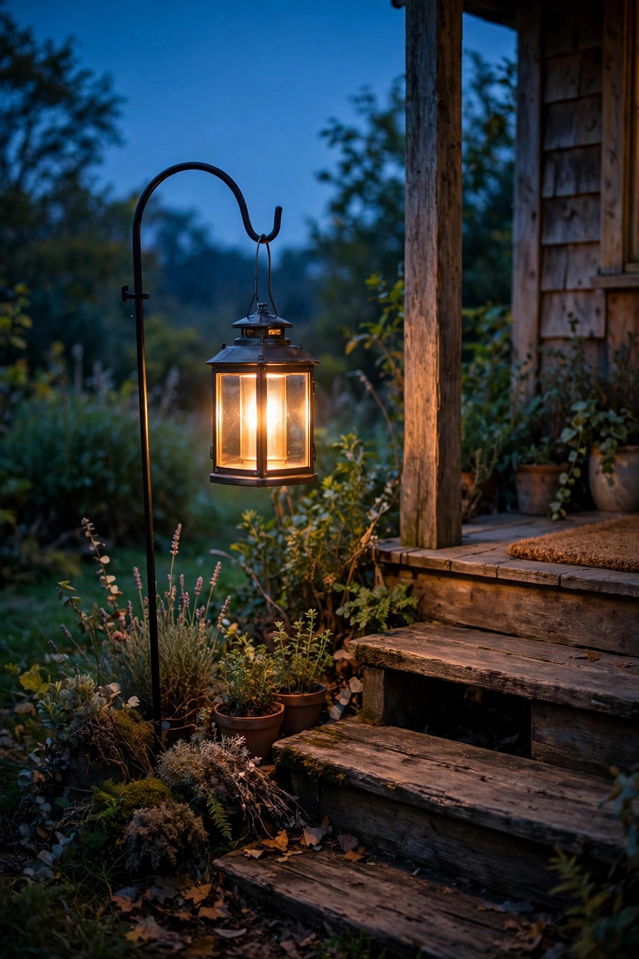Hanging solar lantern on a shepherd hook beside rustic porch steps at dusk