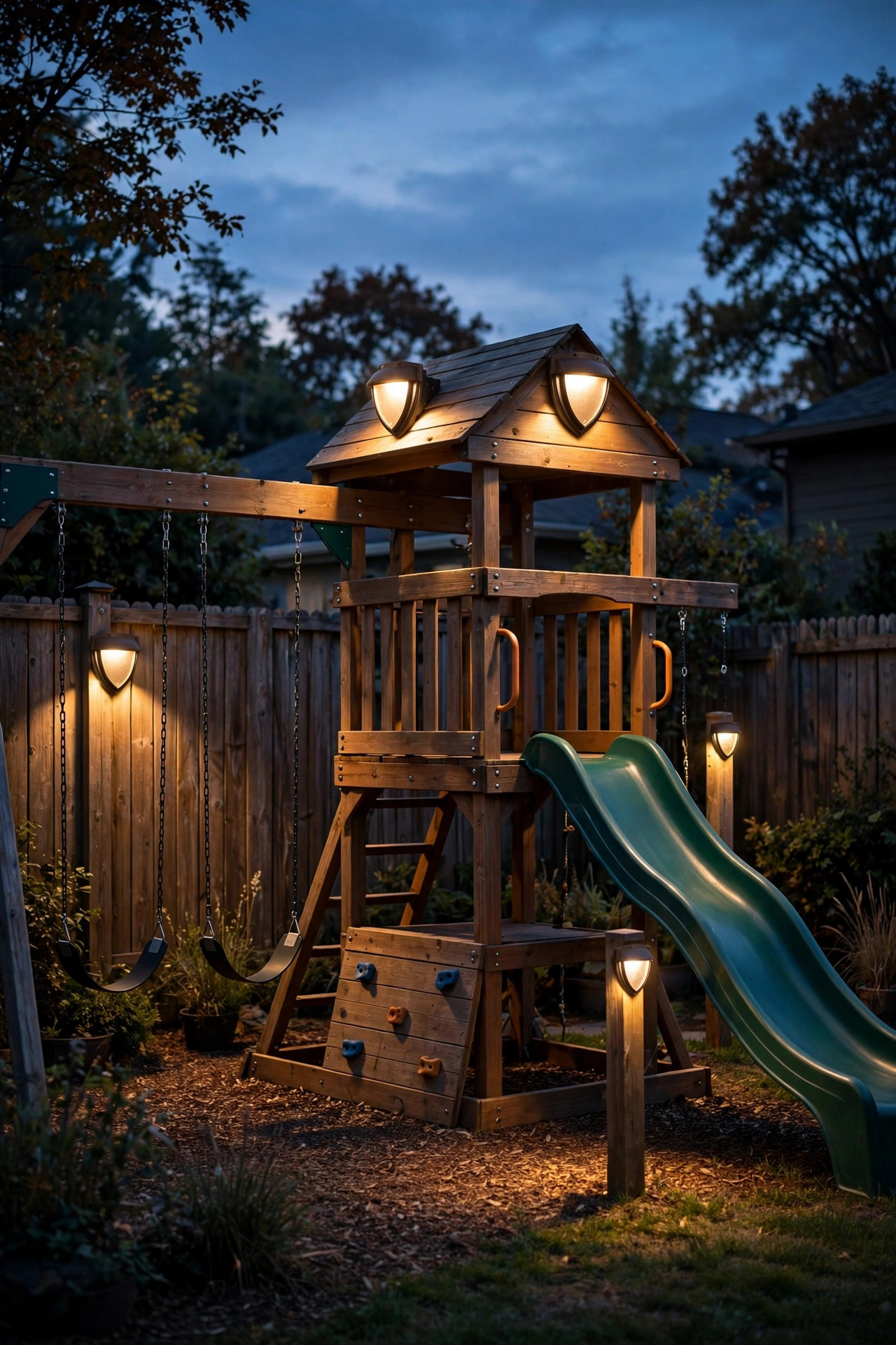 Shielded dark-sky friendly fixtures casting soft downward light over a backyard playset
