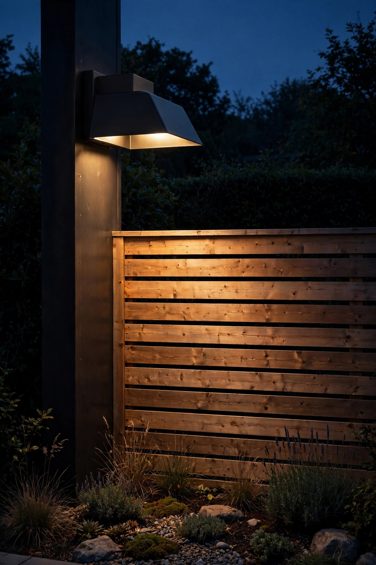 Shielded hooded wash fixture lighting a fence with no glare spilling to neighboring yards