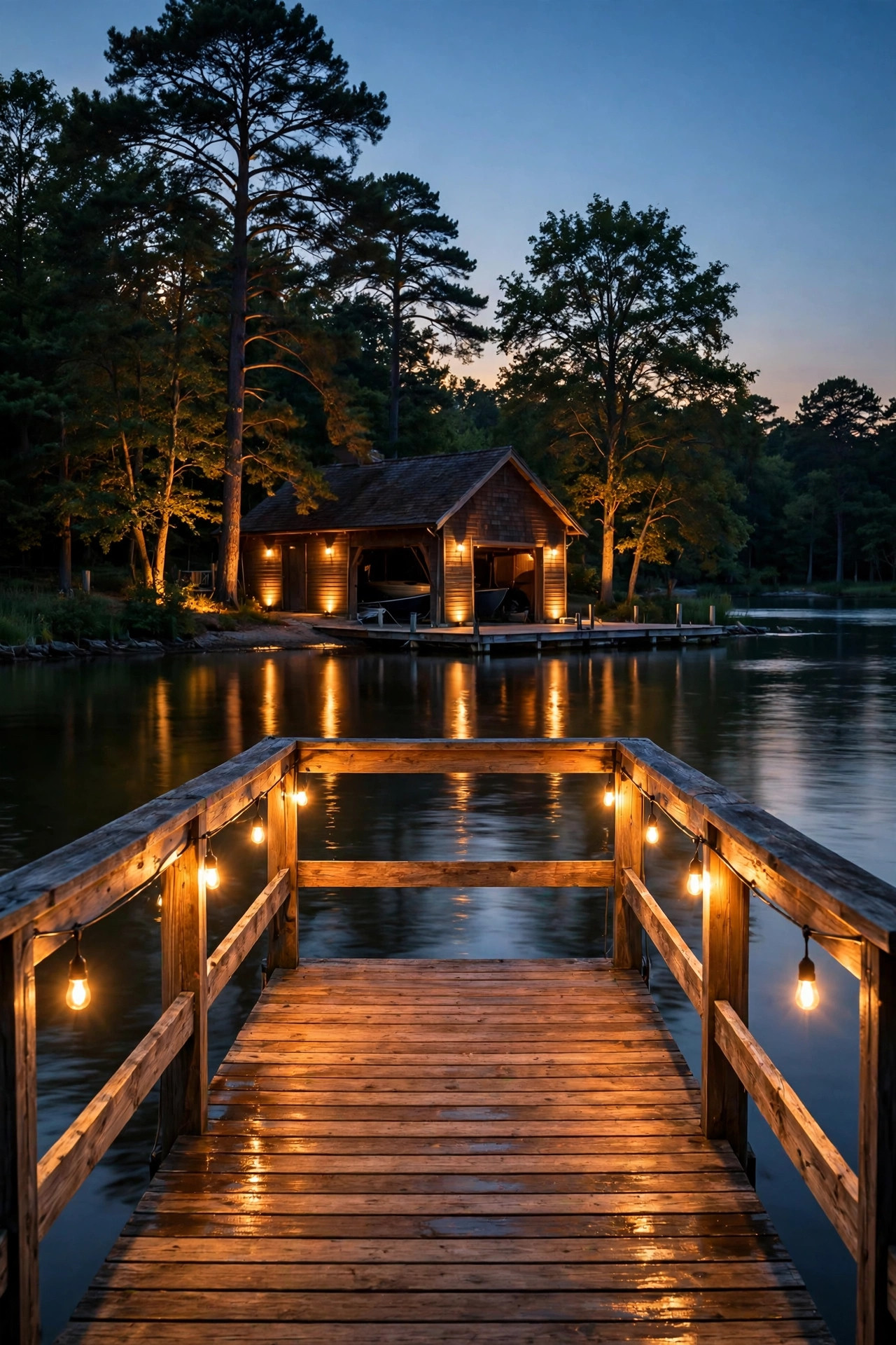 Shoreline trees and a boathouse softly uplighted at dusk behind a warm glowing wooden dock on calm water