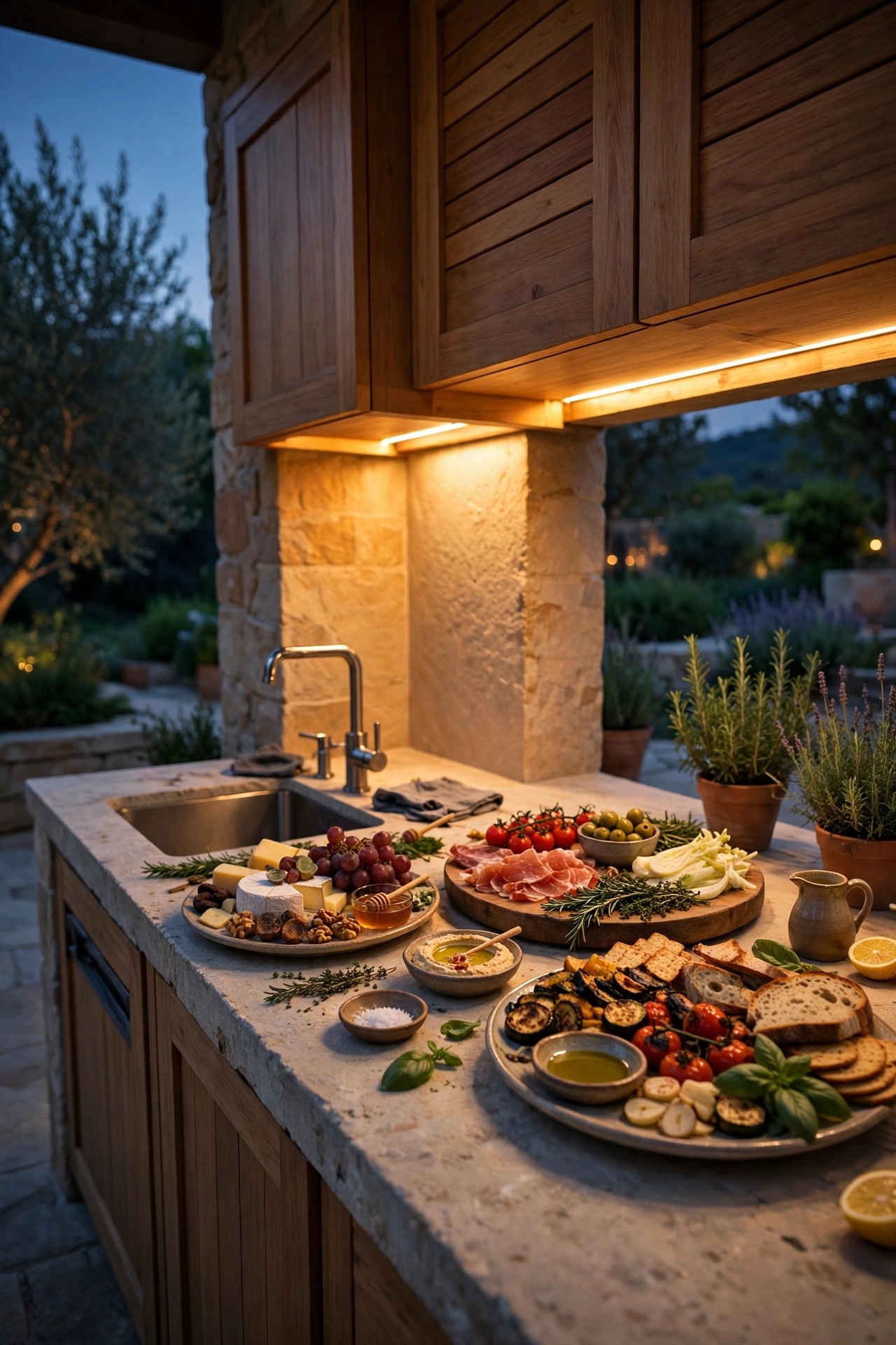 Warm under cabinet lighting over an outdoor kitchen sink and serving counter with platters of food