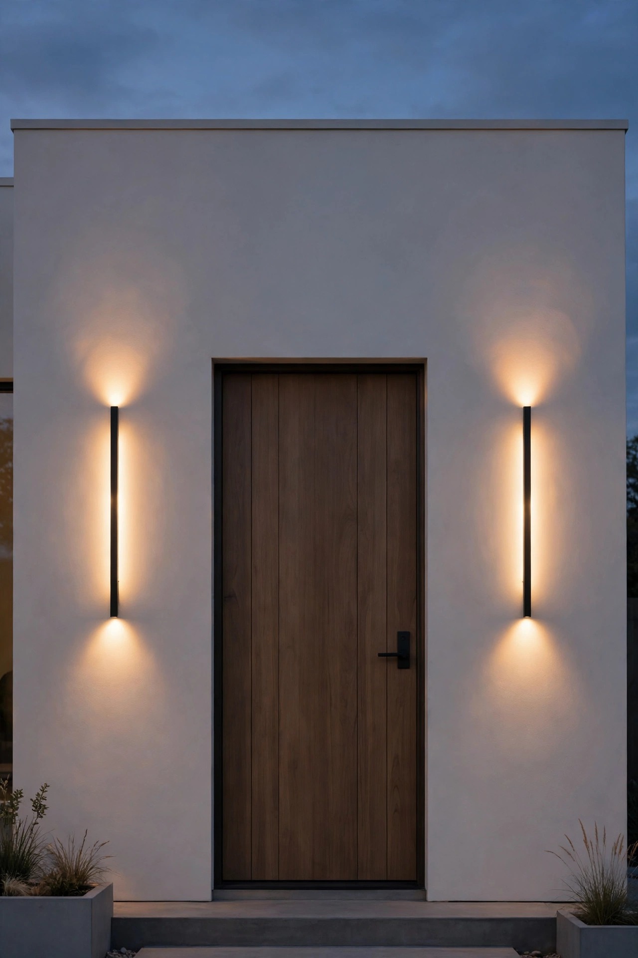 Pair of slim vertical sconces framing a front door symmetrically at dusk with soft up and down light fans on a quiet minimalist facade