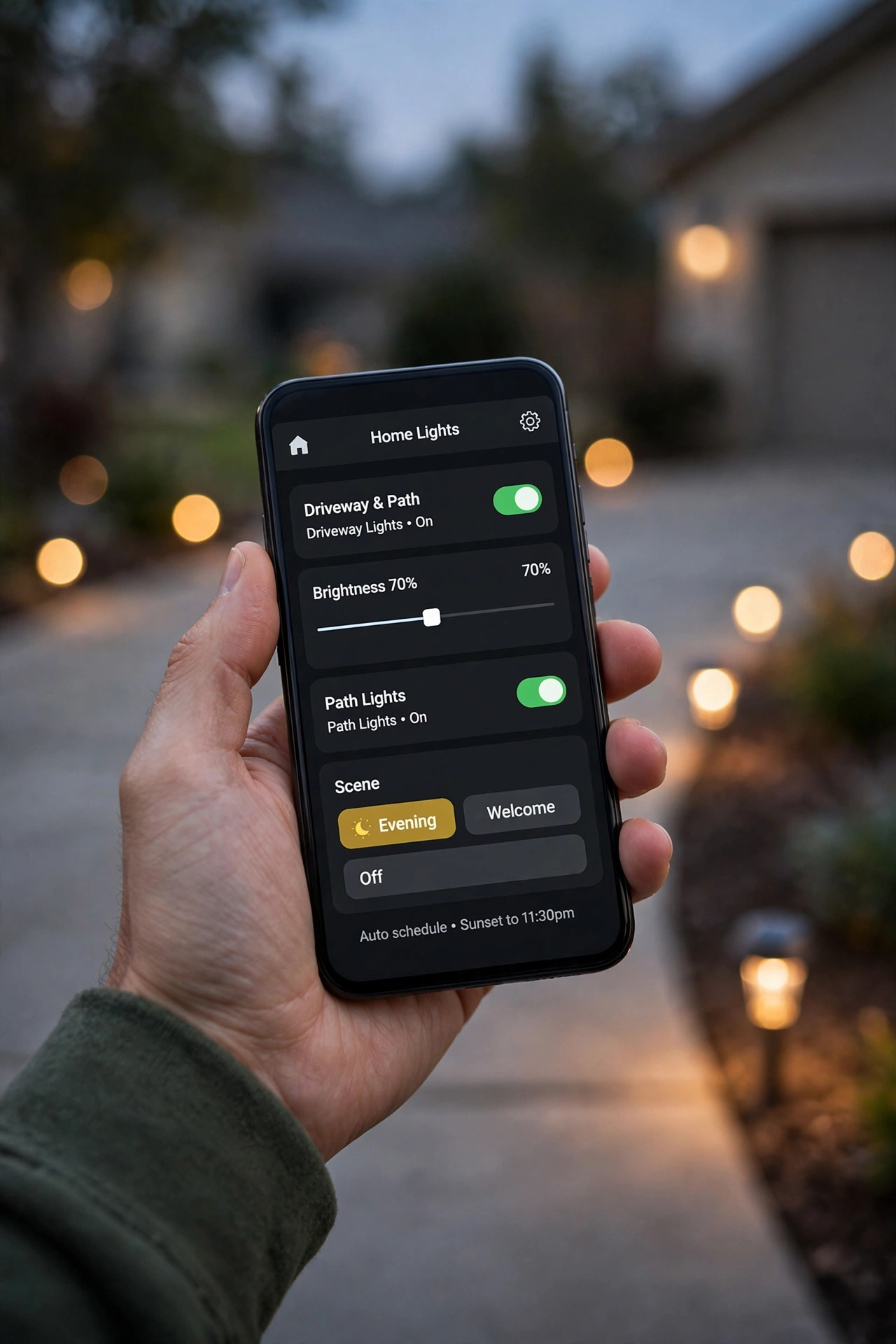 Smartphone app controlling warm driveway lights with dusk-to-dawn scheduling