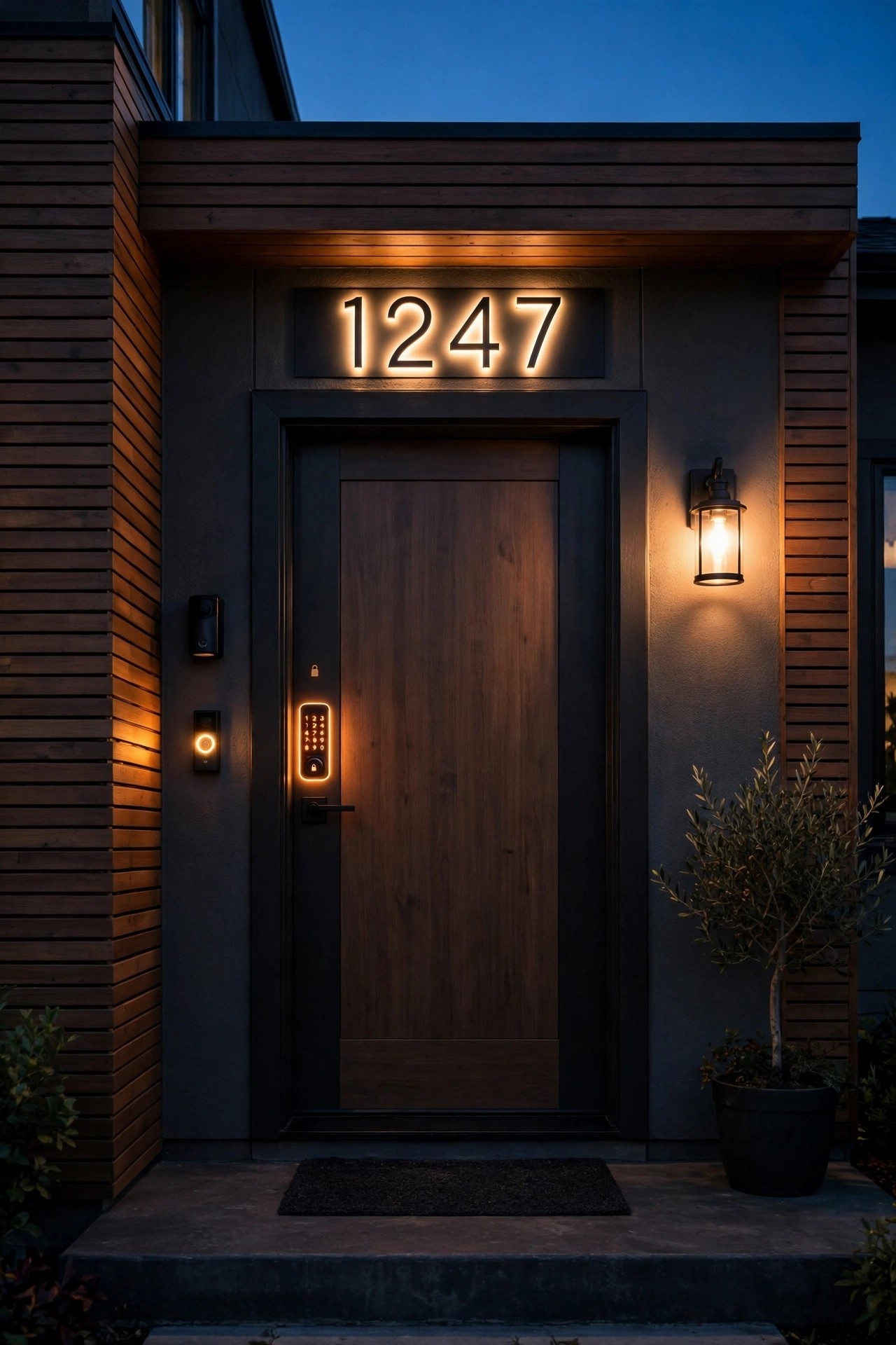 Front entry at dusk with doorbell light, house numbers, sconce and lock glowing together in one warm automated scene