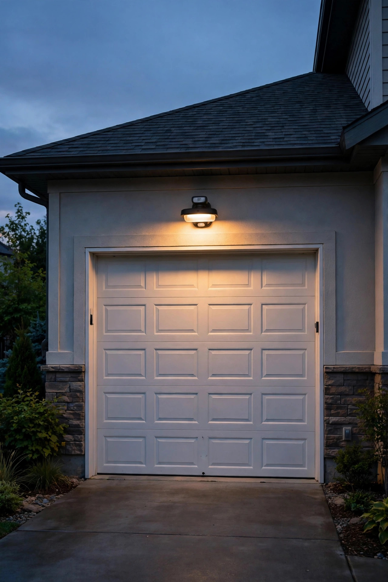 Smart dusk-to-dawn light fixture above a garage door glowing softly at low brightness in the evening