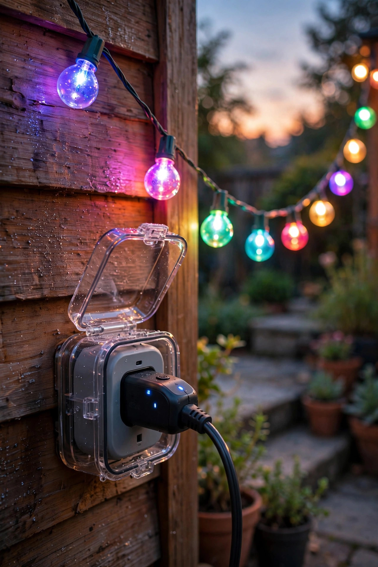 Outdoor smart plug in a weatherproof cover powering warm string lights that switch on with an RGB lighting scene