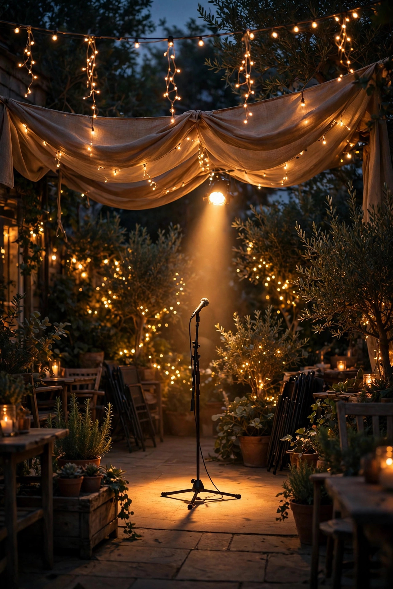 Patio lighting shifted to a dim performance scene with canopy lowered, spotlight on and fairy lights glowing