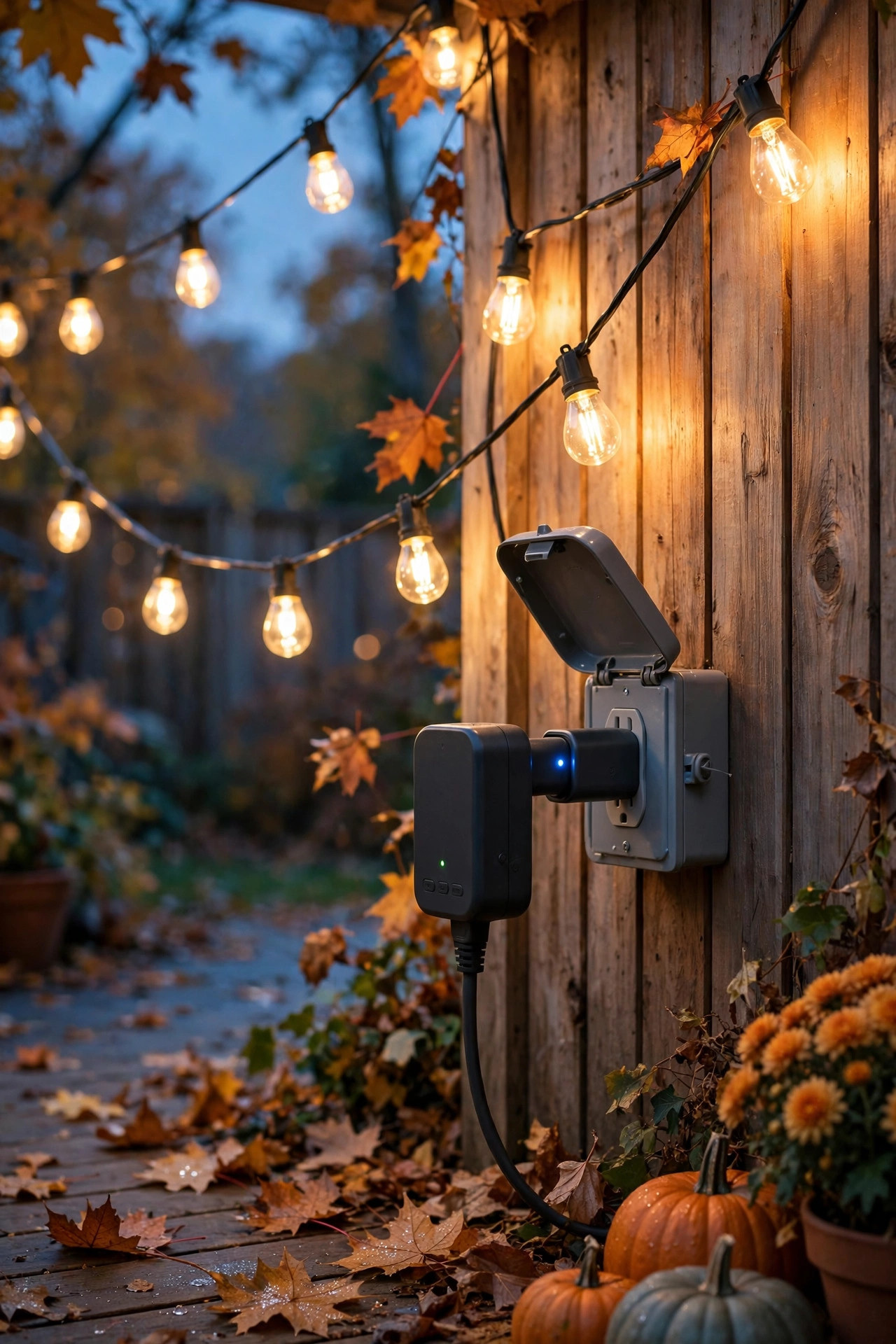 Outdoor smart plug and timer controlling patio string lights that turn on automatically at fall dusk