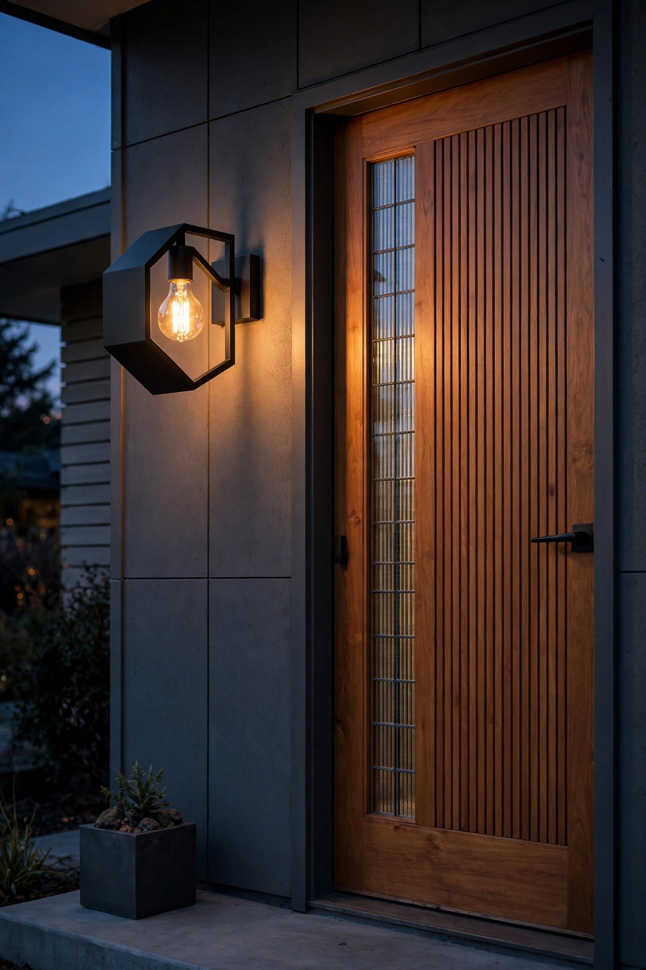 Geometric matte black smart porch fixture with a glowing vintage filament bulb beside a mid century modern door