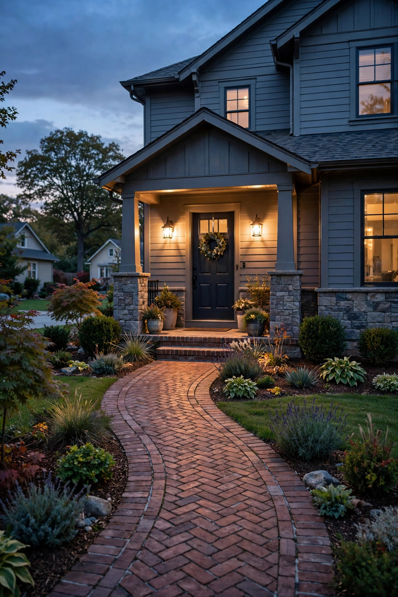 Brick walkway and porch lights glowing on an automatic dusk schedule in a suburban front yard