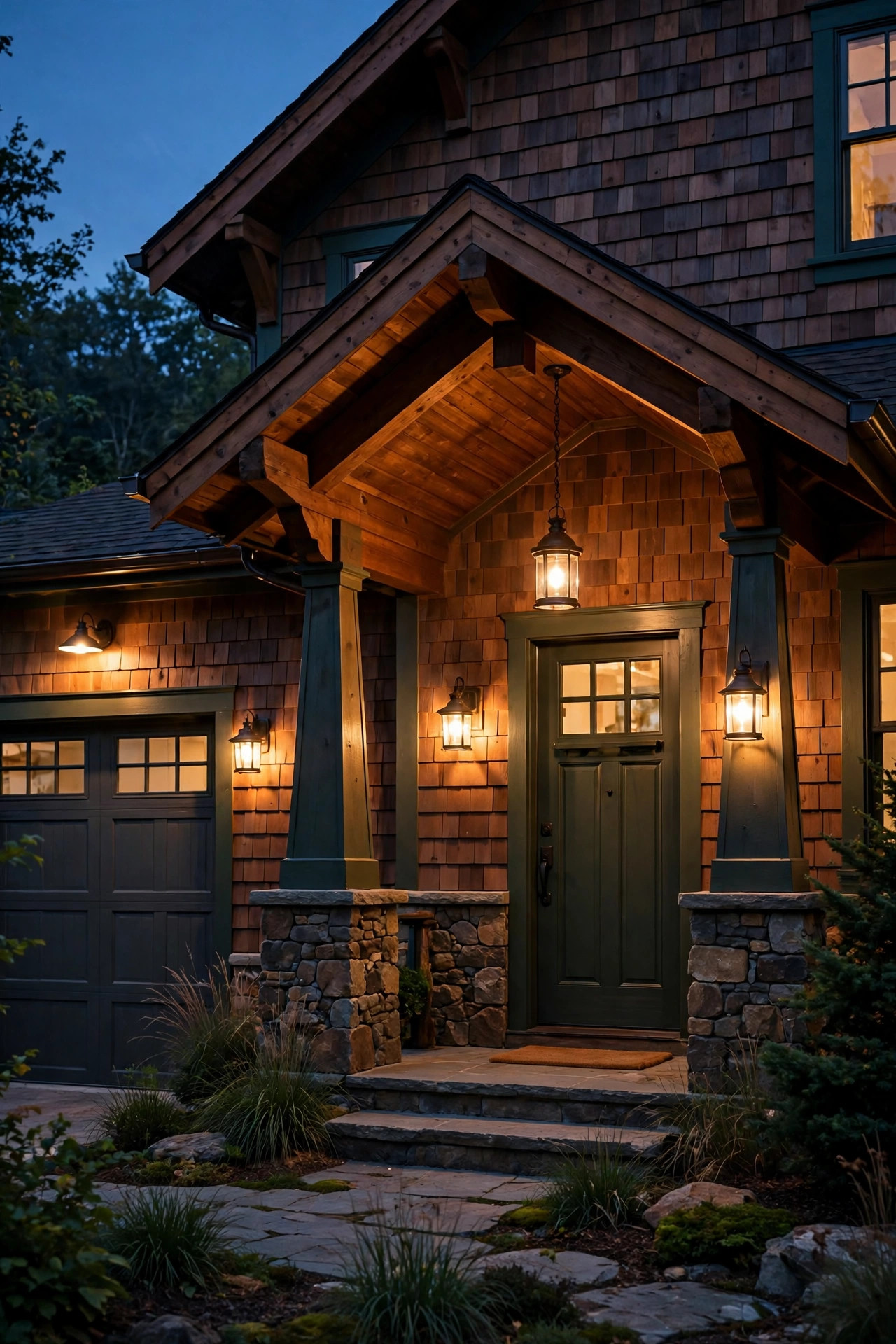 Craftsman porch at dusk with sconces, garage lights and pendant glowing together on a timer, warm coordinated scene