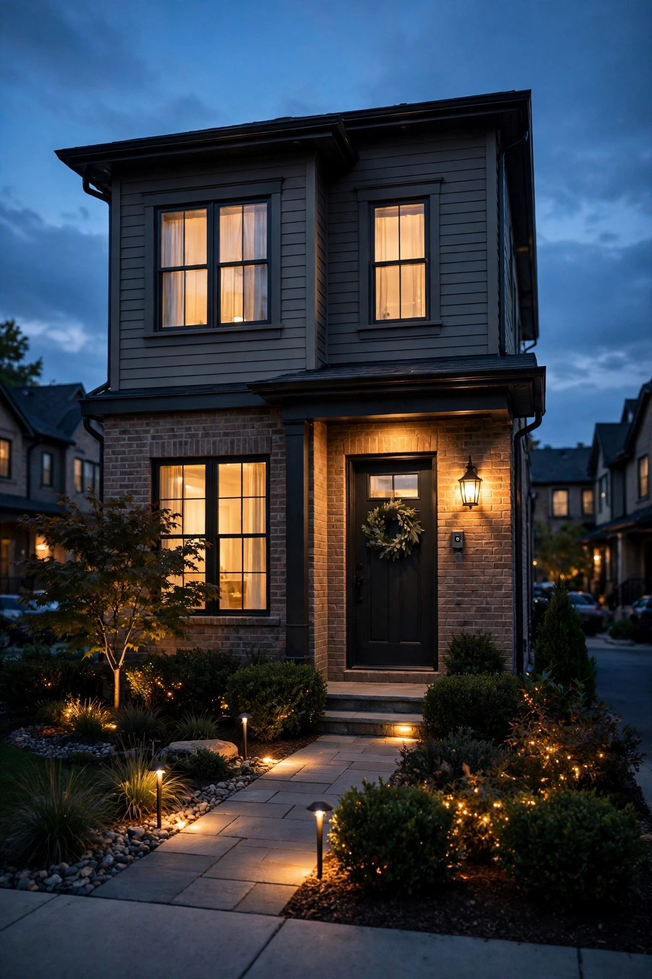 Townhome front yard lighting glowing on an automatic dusk timer with warm layers at night