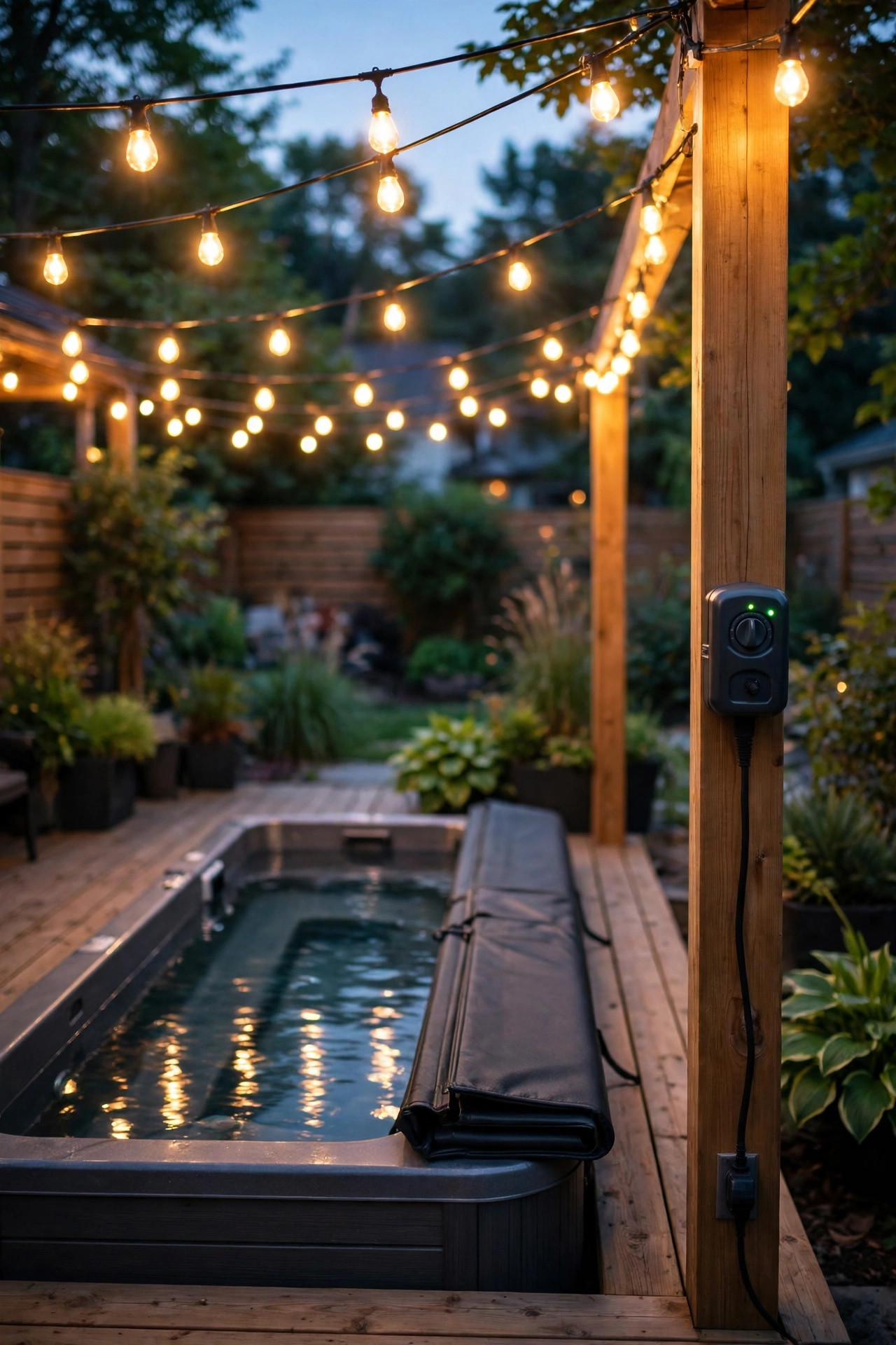Outdoor smart plug and timer controlling string lights over a swim spa at dusk