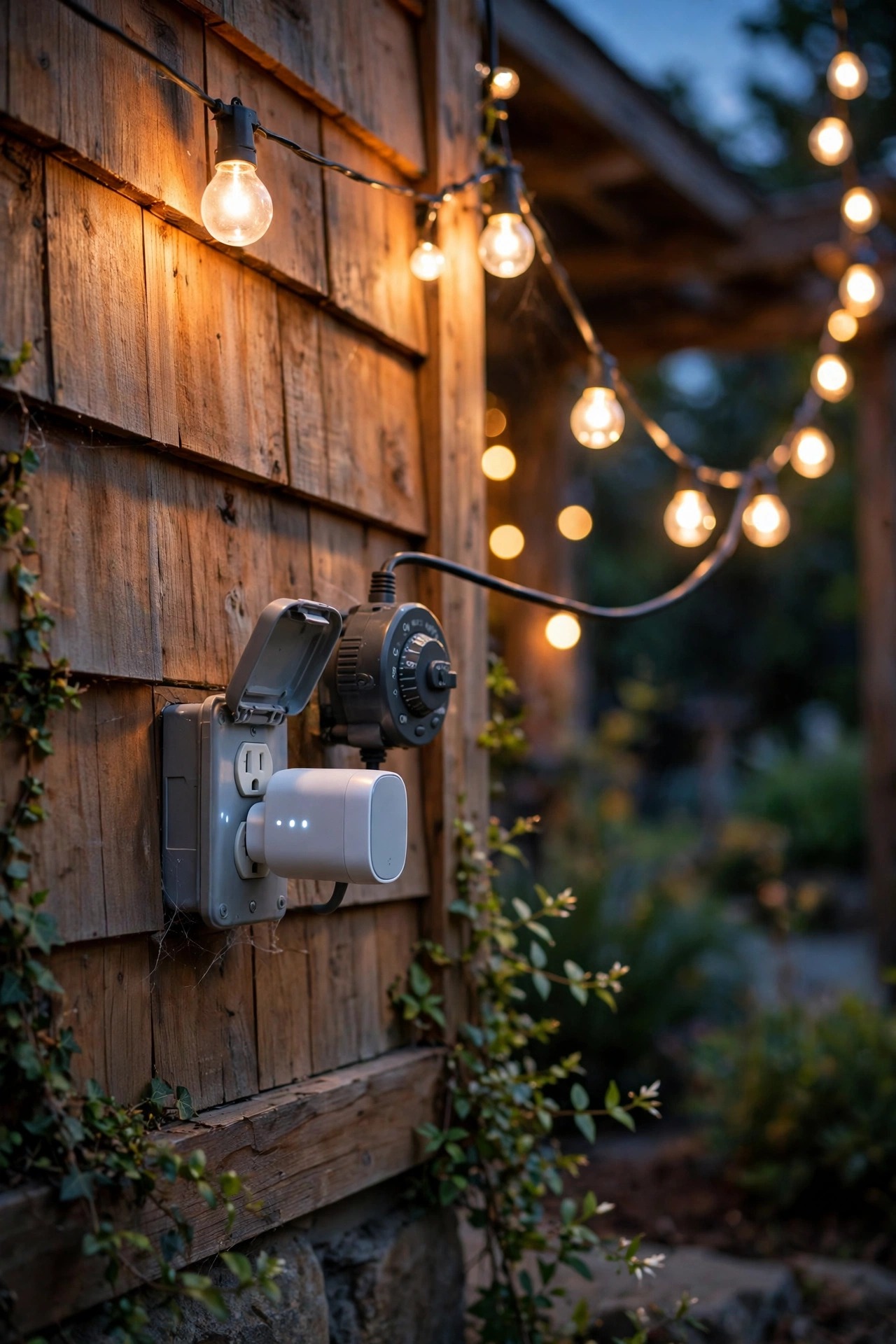 Smart plug and timer controlling warm patio lights on a guest house exterior outlet at dusk