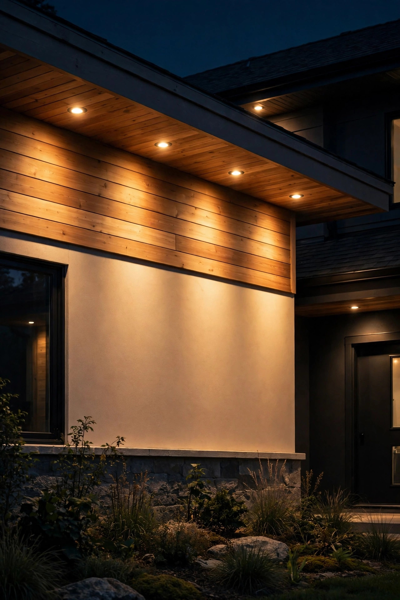 Soffit downlights under the eaves washing a home's front wall with even warm light at night