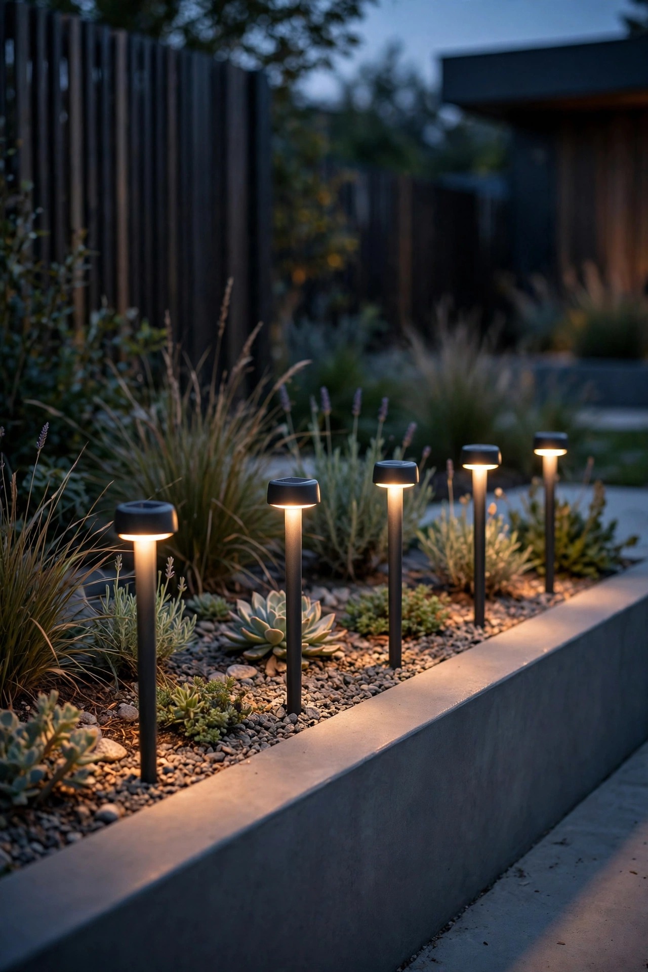 Minimalist matte solar stake lights tucked along the front edge of a modern planting bed glowing at dusk