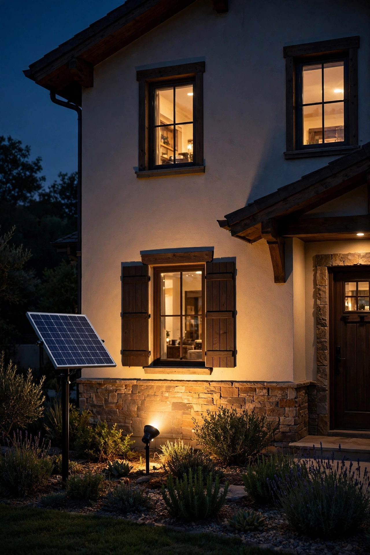 Solar spotlight with separate panel lighting a sunny south-facing home facade at night, no wiring visible