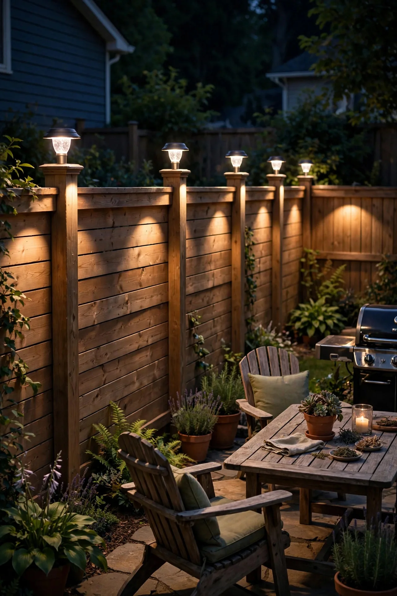 Solar post cap lights glowing on fence posts around a summer patio