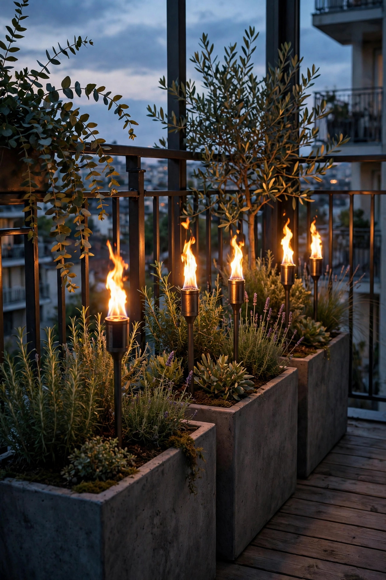 Solar flame-effect torches flickering warmly in large balcony planters at dusk