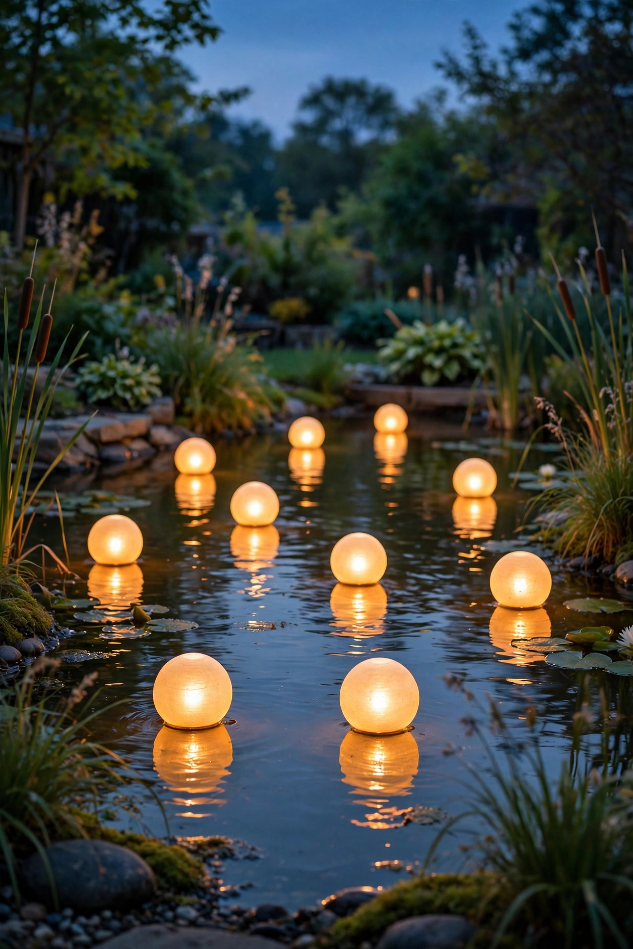Solar floating orb lights glowing warm on a calm backyard pond at dusk, reflections shimmering on the water