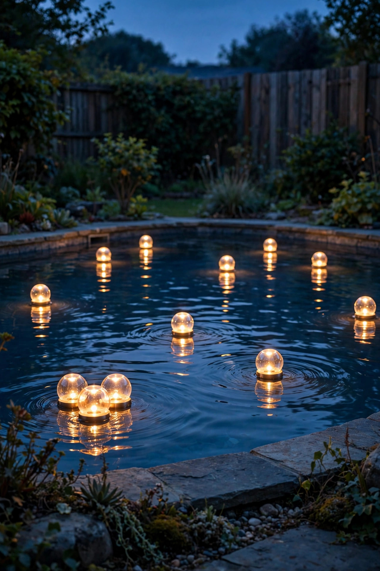 Floating solar lights glowing on a backyard pool surface at dusk with reflections on the water