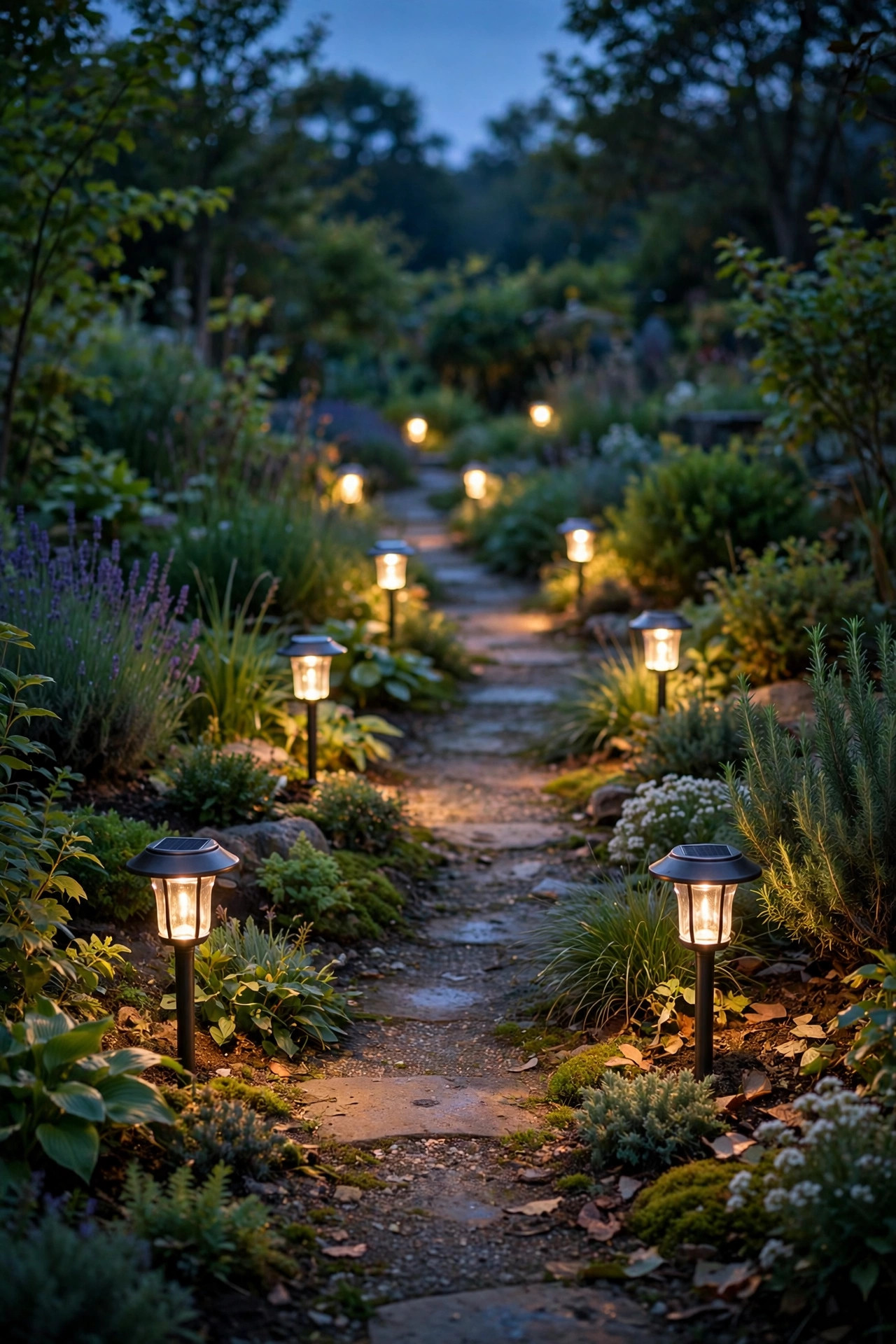 Solar garden lanterns glowing at a soft medium brightness level along a garden path at dusk