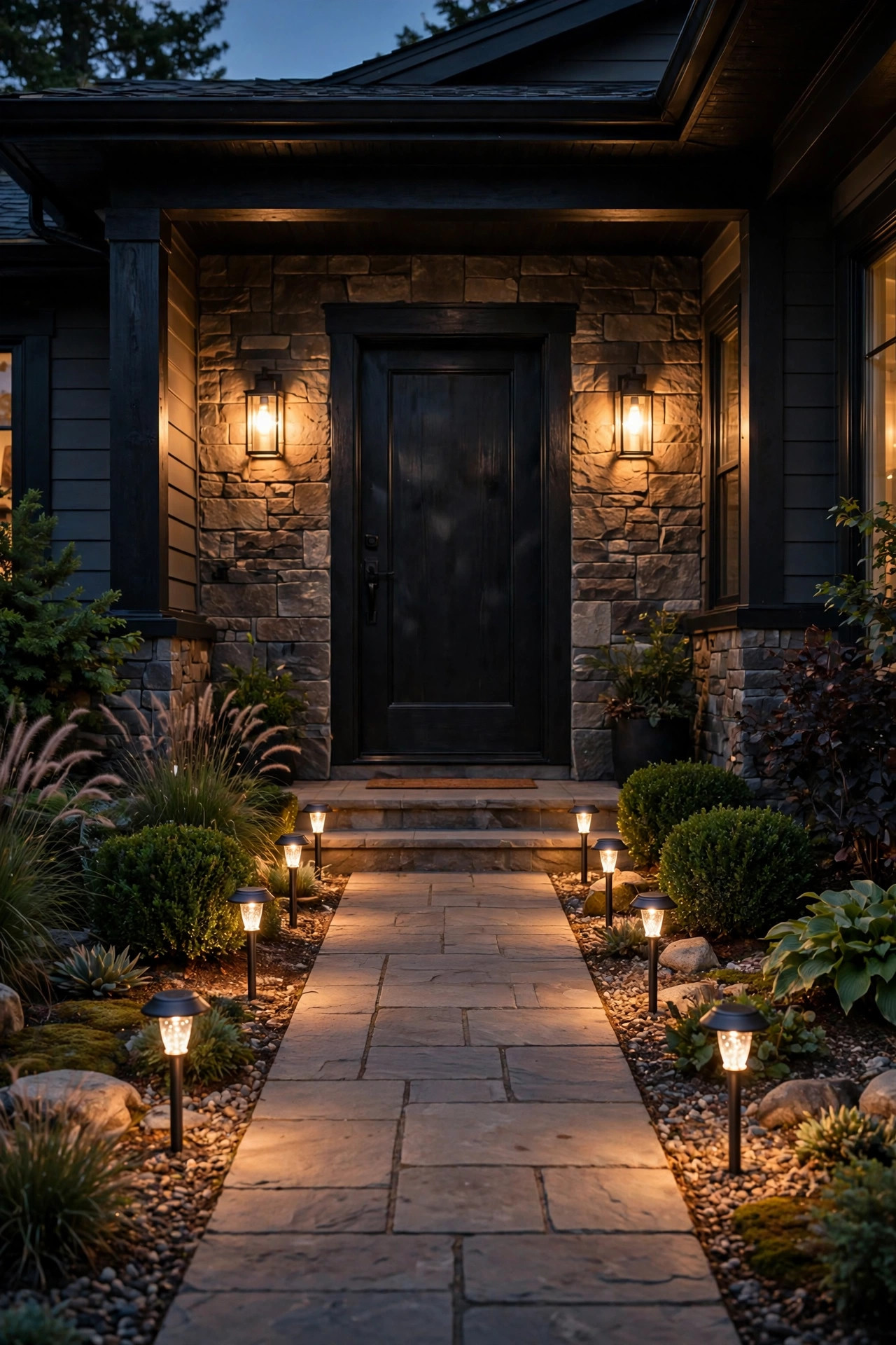 Row of solar path lights staked evenly in front of a chain-link fence casting warm pools of light on the ground