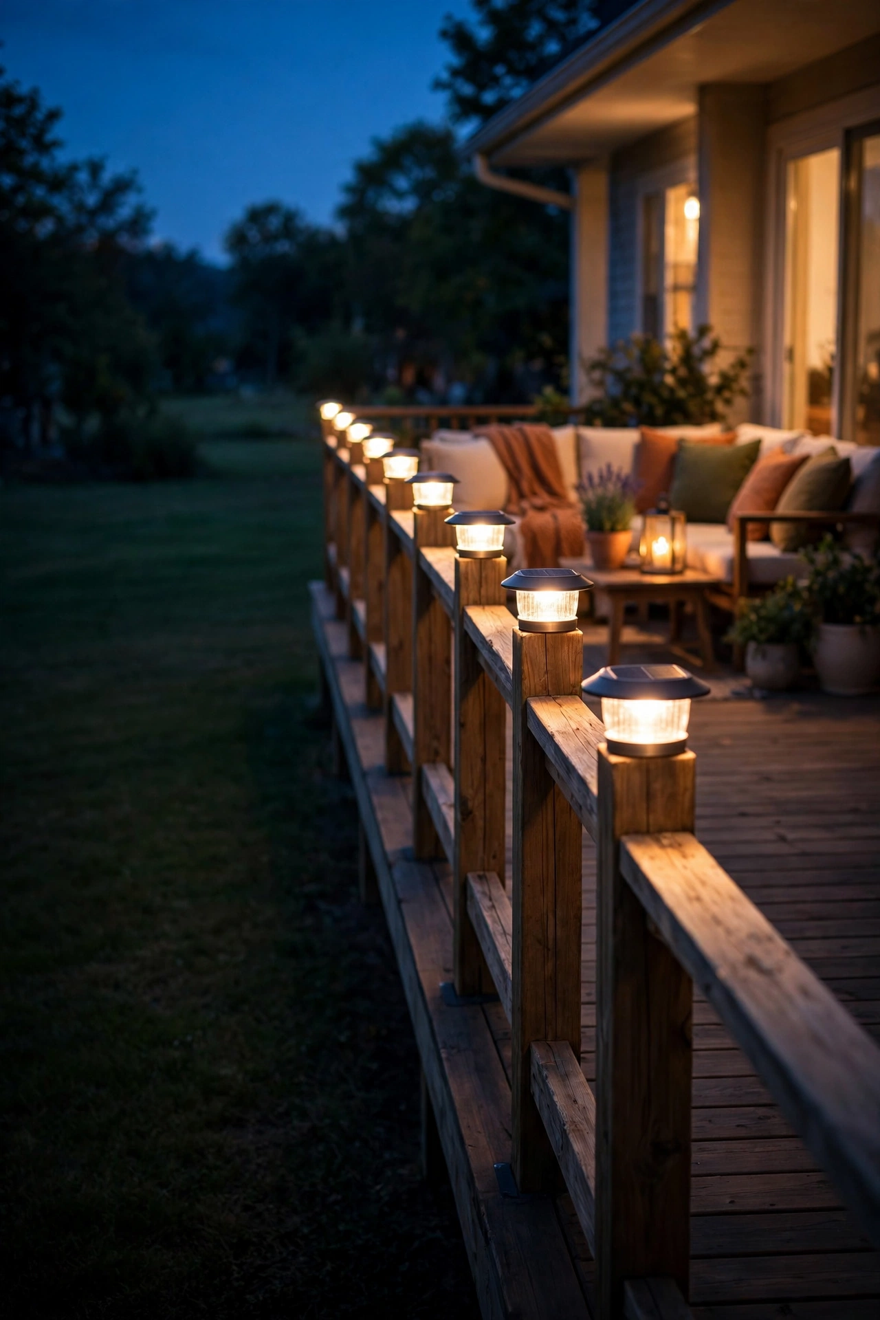 Solar post-cap lights glowing warmly atop wooden deck posts around a back porch