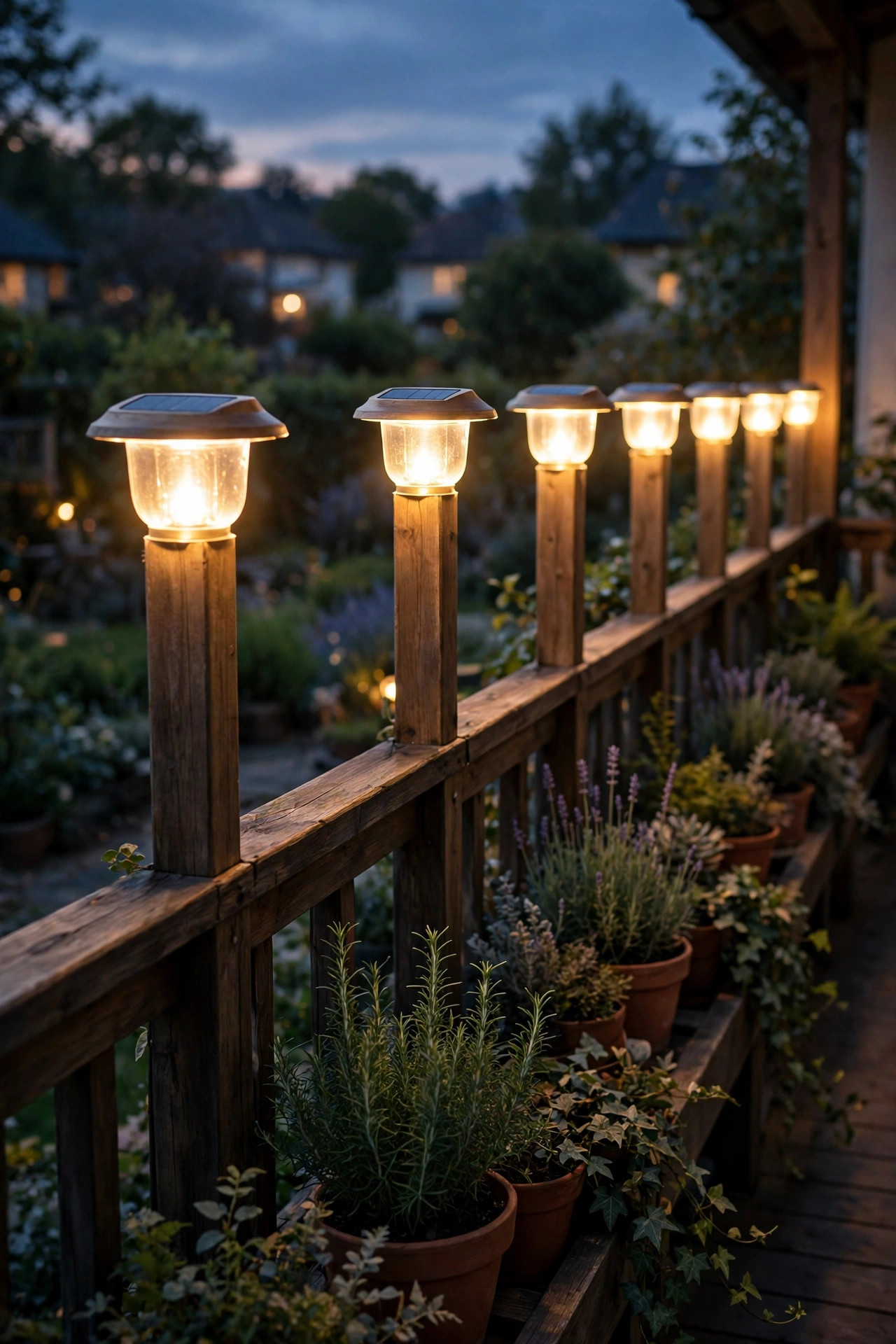 Solar post cap lights glowing in a warm row along balcony railing posts at dusk marking a soft boundary line