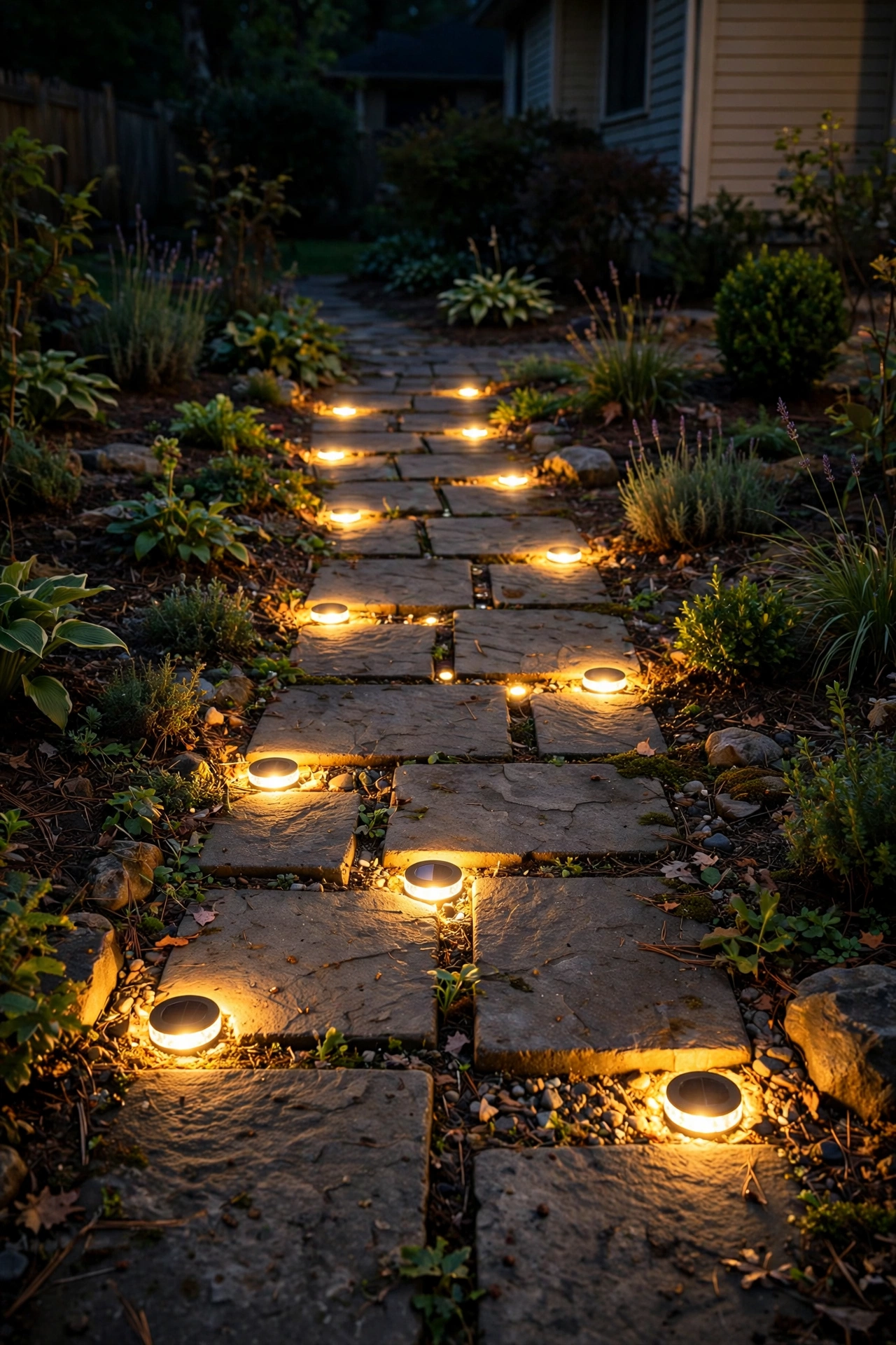 Flush solar puck lights glowing between pavers along a walkway at night
