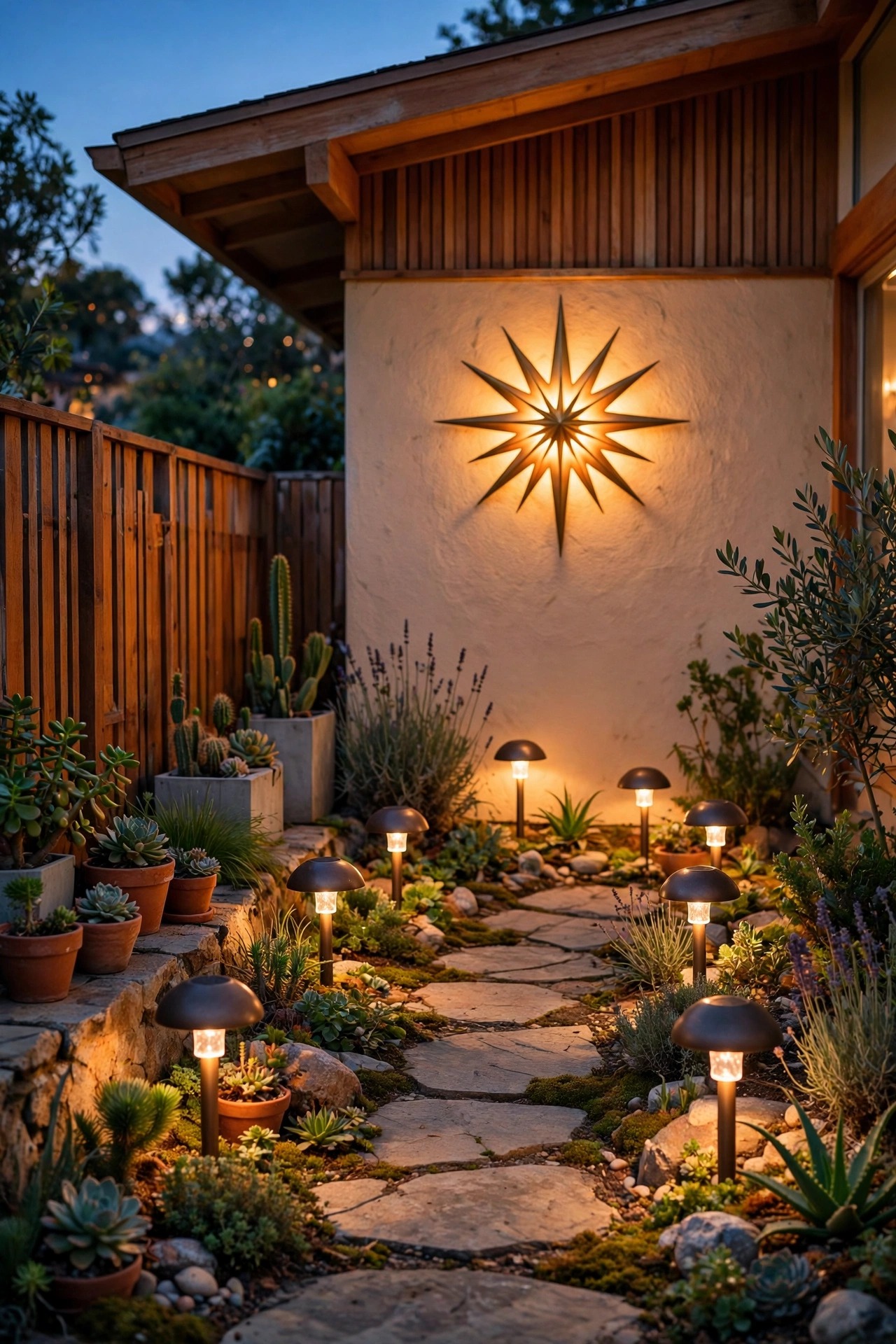 Solar mushroom path lights and a starburst wall plaque glowing warm on a mid-century patio at dusk, no wires in sight