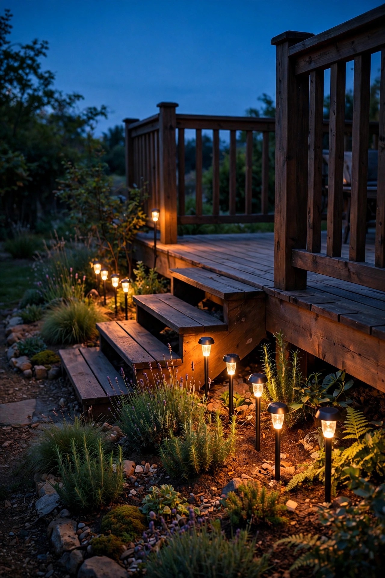 Solar smart stake lights glowing along the garden edge beside deck steps at dusk