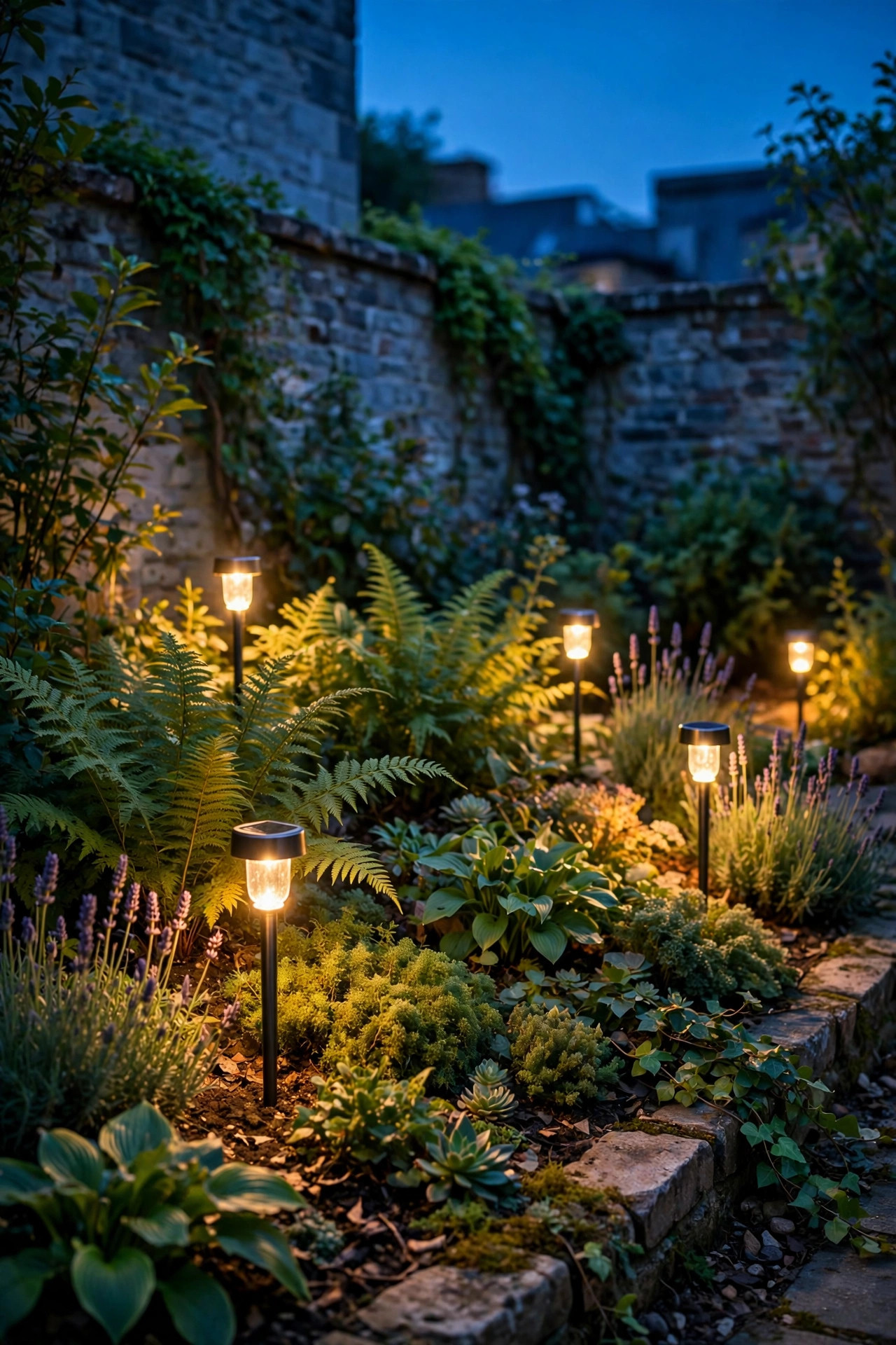 Solar stake lights glowing softly among plantings in a courtyard garden bed at dusk